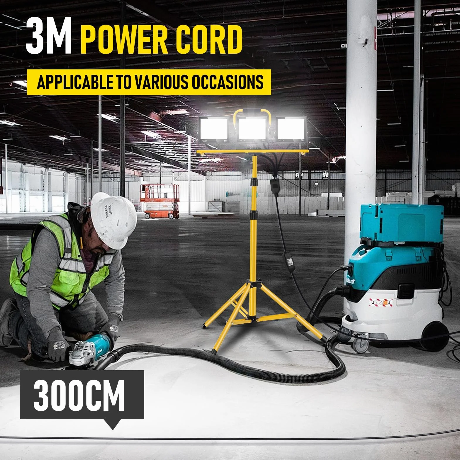 Foco de Trabajo LED 300W con Trípode Telescópico, 30000LM 6500K Foco de Trabajo LED con Enchufe Cable de 3m, Rotación de 360°, IP66 Impermeable Luz de Trabajo para Taller, Obras, Garaje