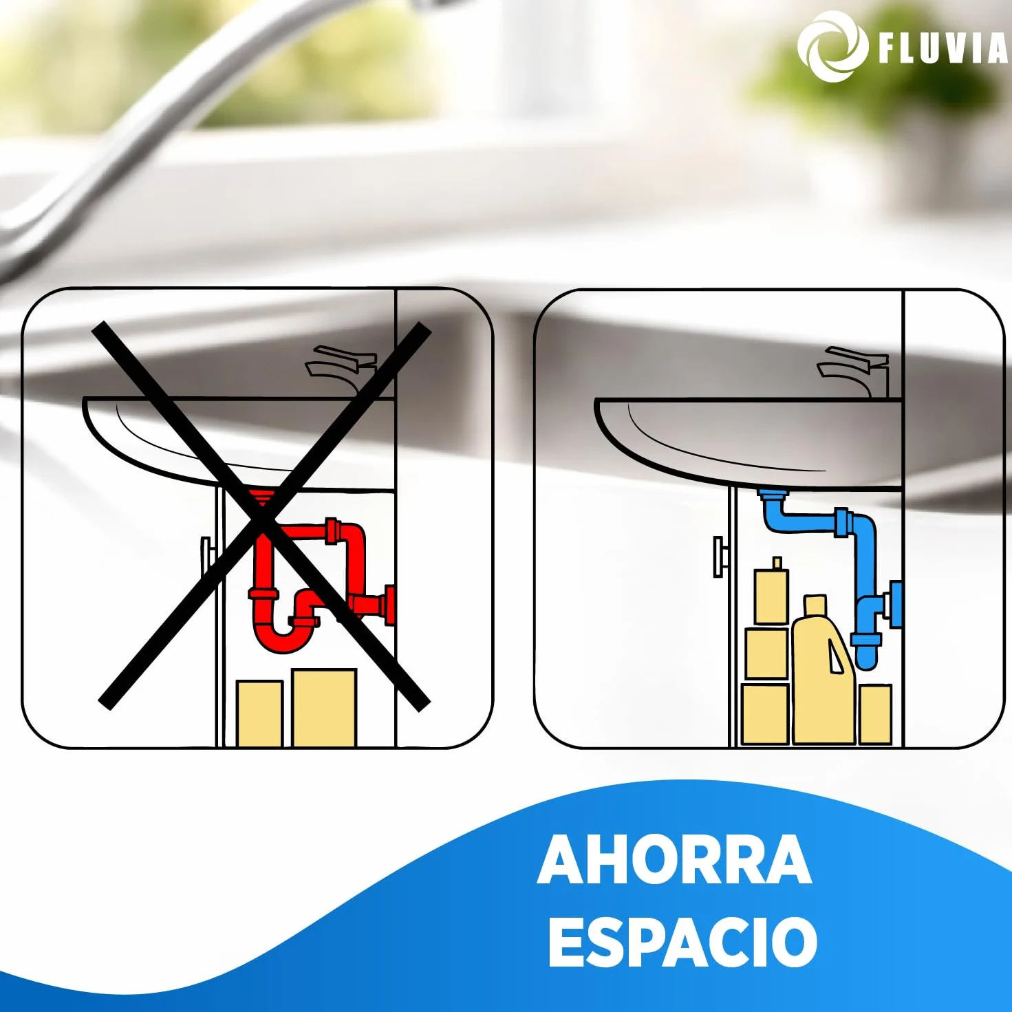 Sifón Fregadero Ø115 mm con Válvula Cesta Metálica para Cocina Desagüe Compacto 172 x 40 mm FLUVIA