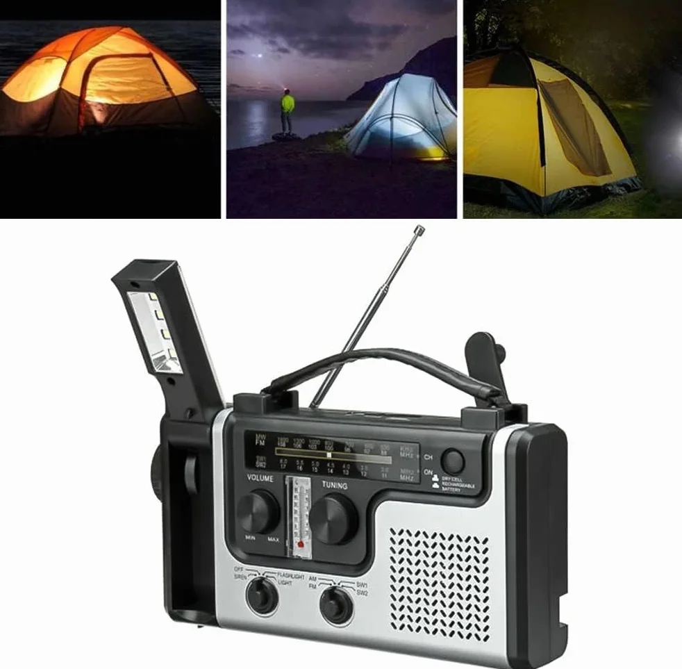 Radio de Emergencia, Radio de manivela Solar portátil Am/FM/SW Radios multibanda con Linterna LED Brillante, luz de Lectura, Banco de energía, Alarma SOS y probador de Temperatura