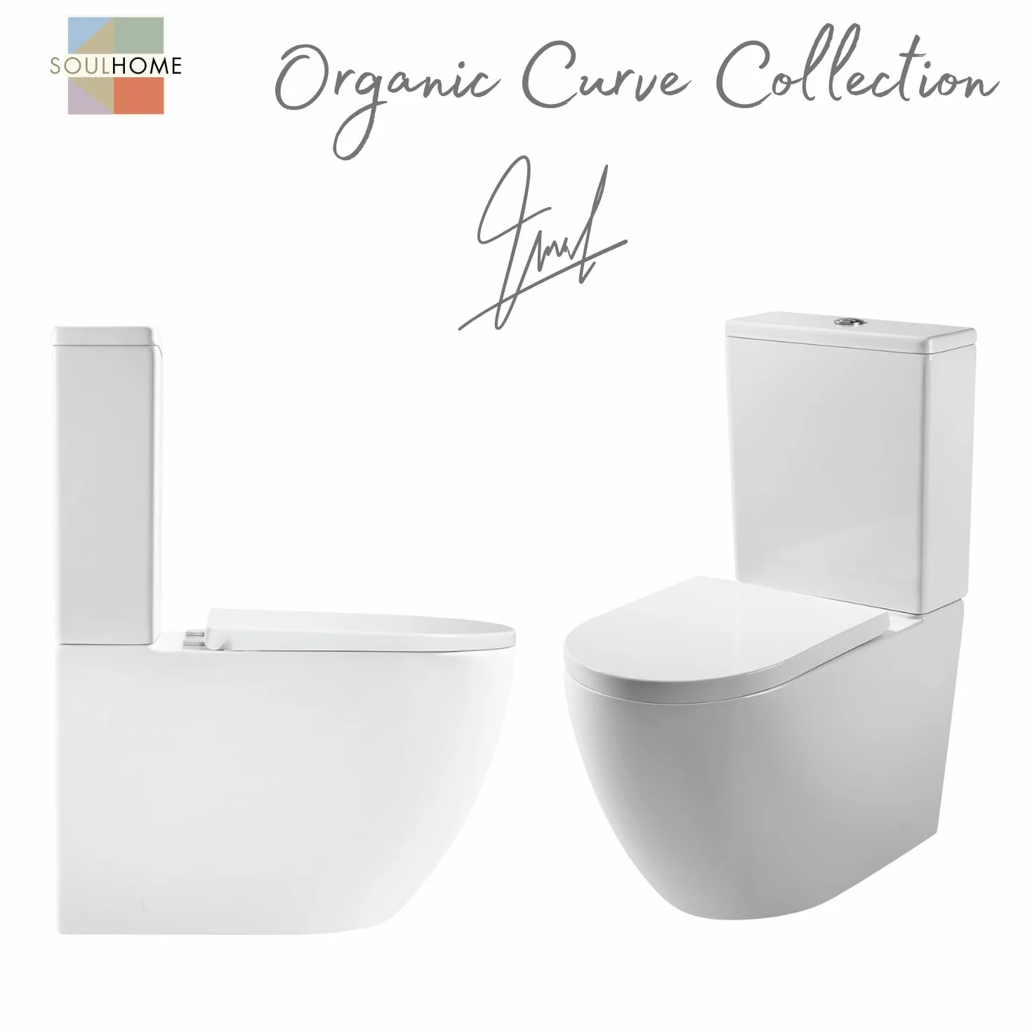 SOULHOME Pack Inodoro Completo Rimless Curvo Blanco Brillo | Tapa Amortiguada | Salida Horizontal/Vertical | Doble Descarga Eco | Pulsador Cromo