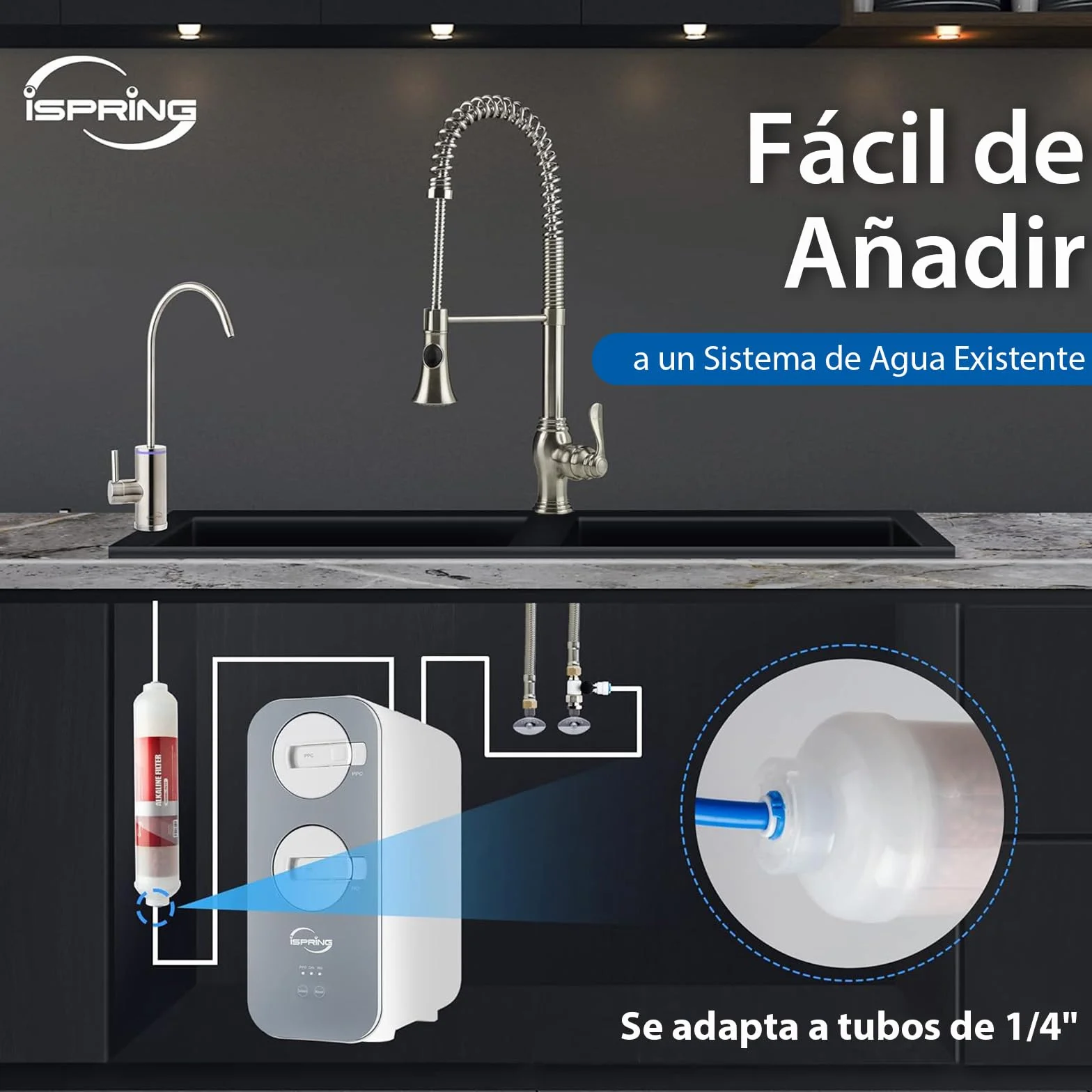iSpring FA15 Cartucho de Filtro de Agua Alcalina para de Ósmosis Inversa Reemplazo o Complemento de Conexión Rápida en Línea de 3 Capas de 10 Pulgadas, Equilibrio de pH y Restauración de Minerales