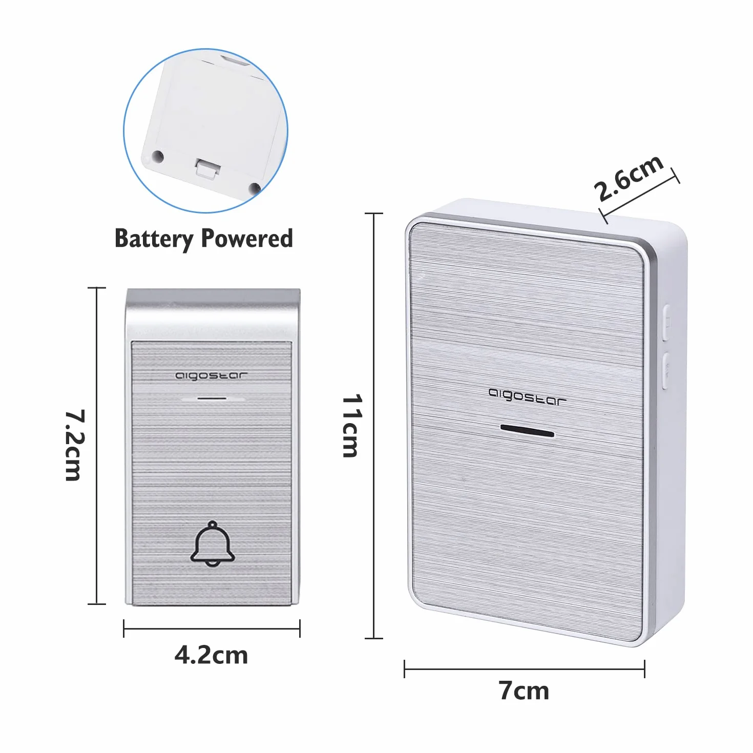 Aigostar Timbre inalámbrico con 2 Receptores, Timbre de Puerta con Indicadores LED, Impermeable IP44 para Interior y Exterior, 3 Niveles de Volumen y 36 Melodías, Plata