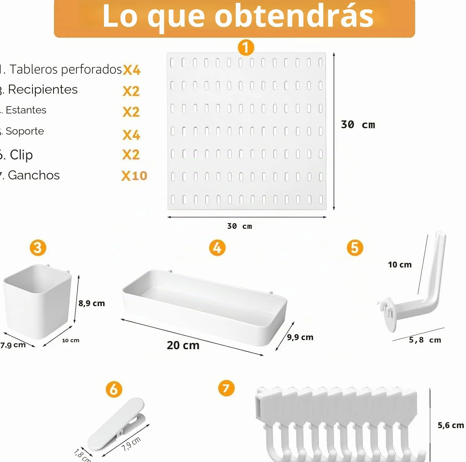 Kit de combinación de 4 piezas de tablero de clavijas, organizador de accesorios con contenedores, estantes y ganchos