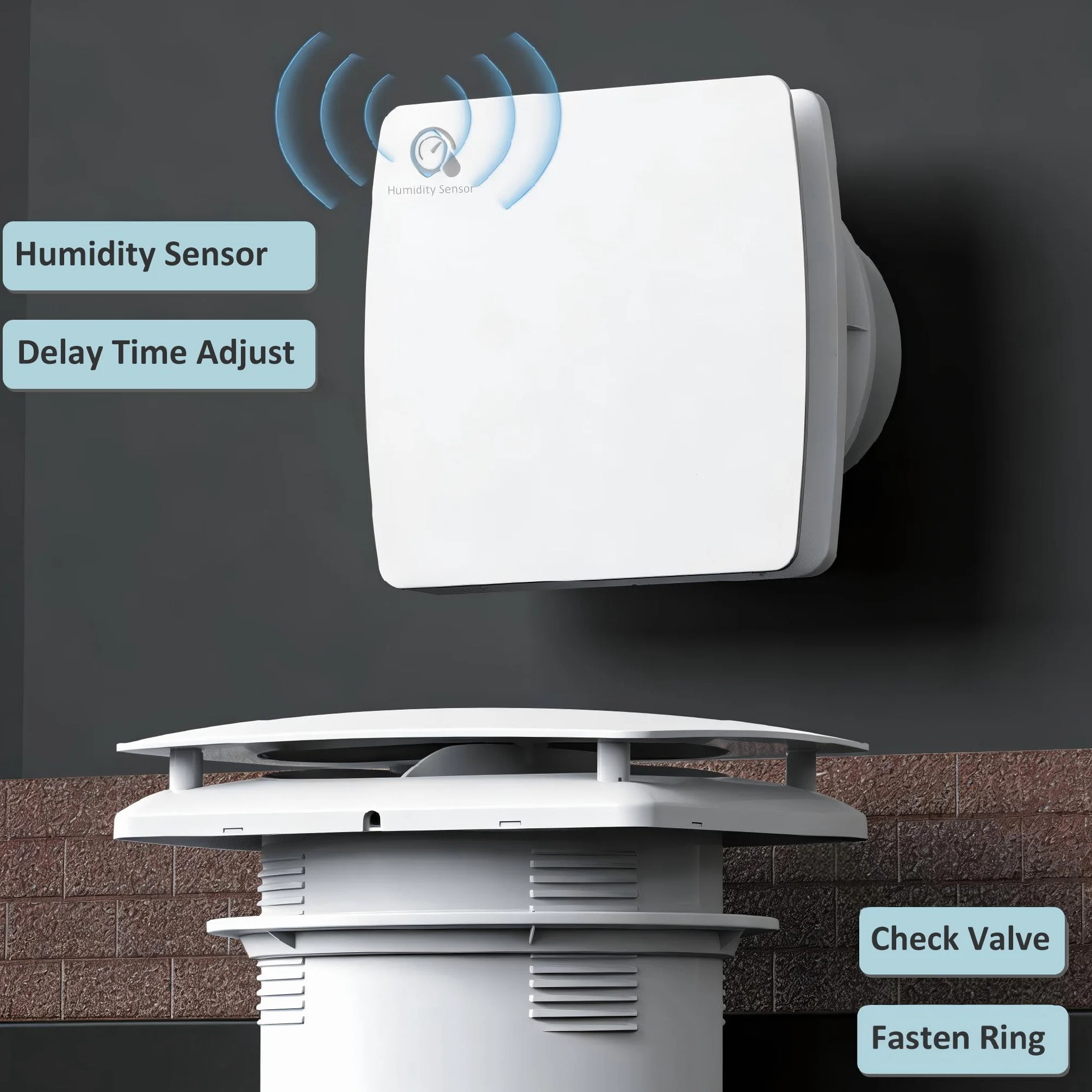Extractor de aire 150 mm Sensor de temperatura y humedad 25 W 250 m³/h Ventilador de pared con válvula antigolpes, anillo de montaje de ventana, toma para cocina, WC, cuarto de baño