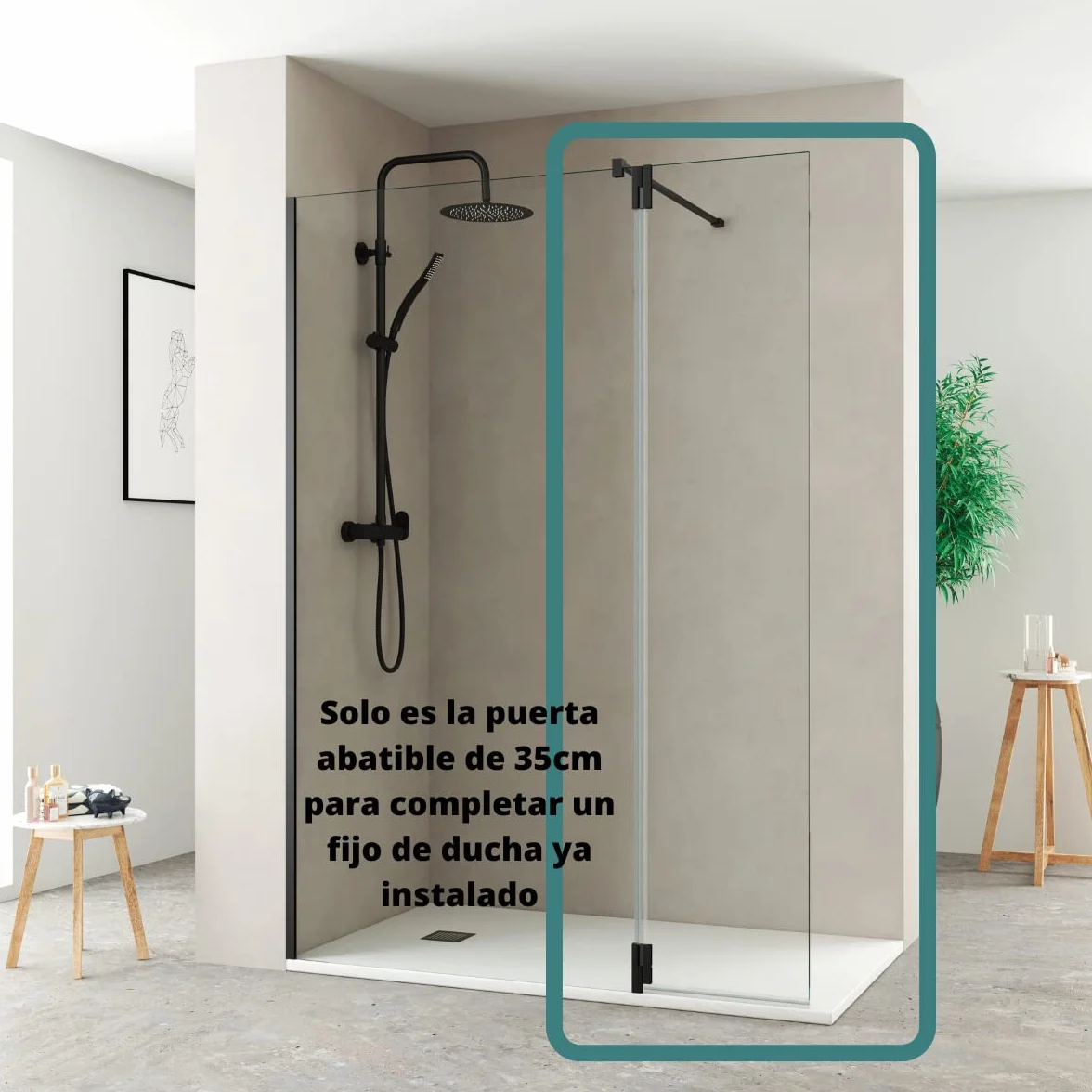 Puerta de Ducha Abatible de 35cm para Completar Fijo de Ducha | Panel de Ducha Abatible de Protección Pivotante de 35cm para hacer más Grande un Fijo de Ducha Ya Instalado | Negro Mate