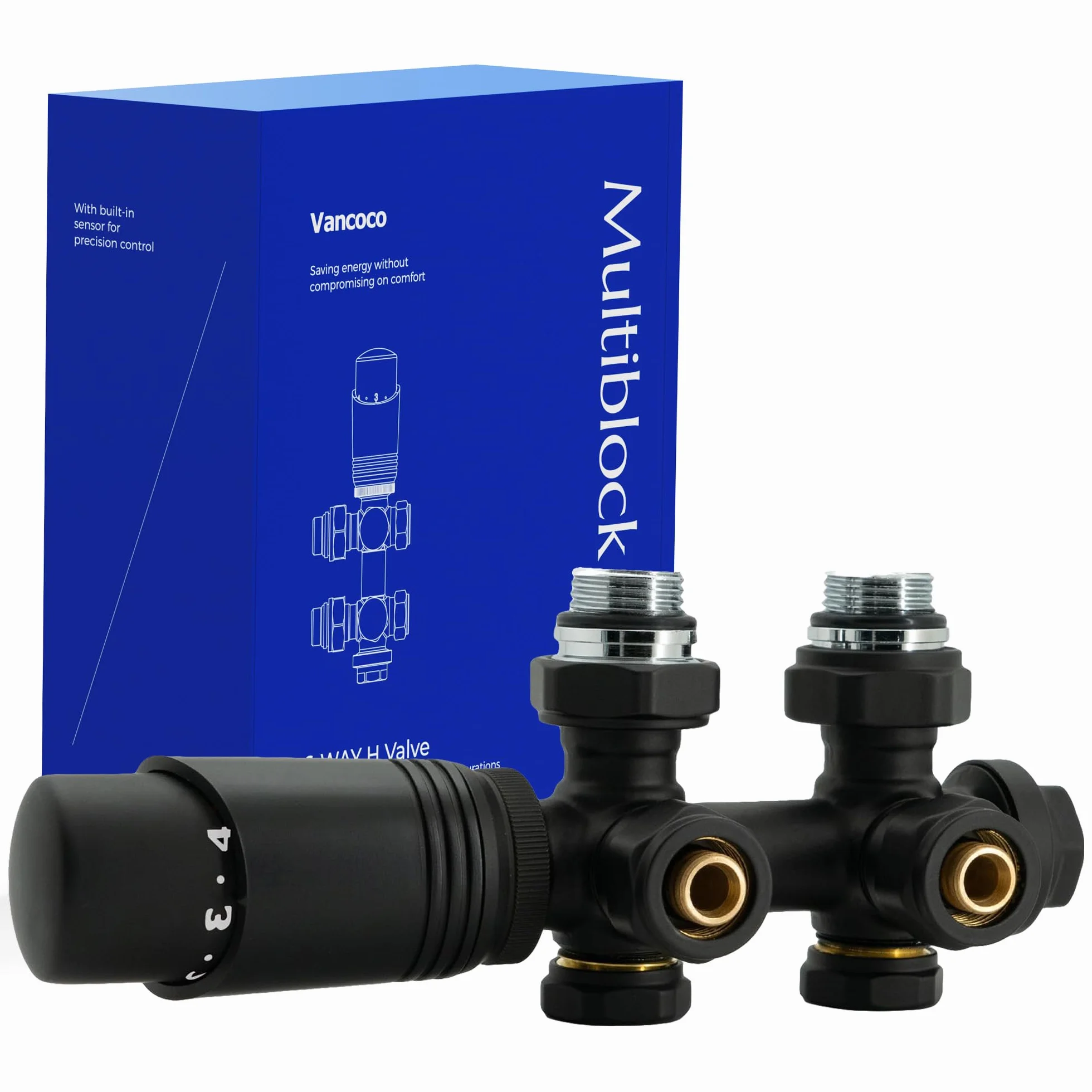 Vancoco Válvula de radiador angular válvulas para radiadores con bloqueo H conexiones centrales de 50 mm universal válvula radiador con cabezal termostático válvula para radiador negro