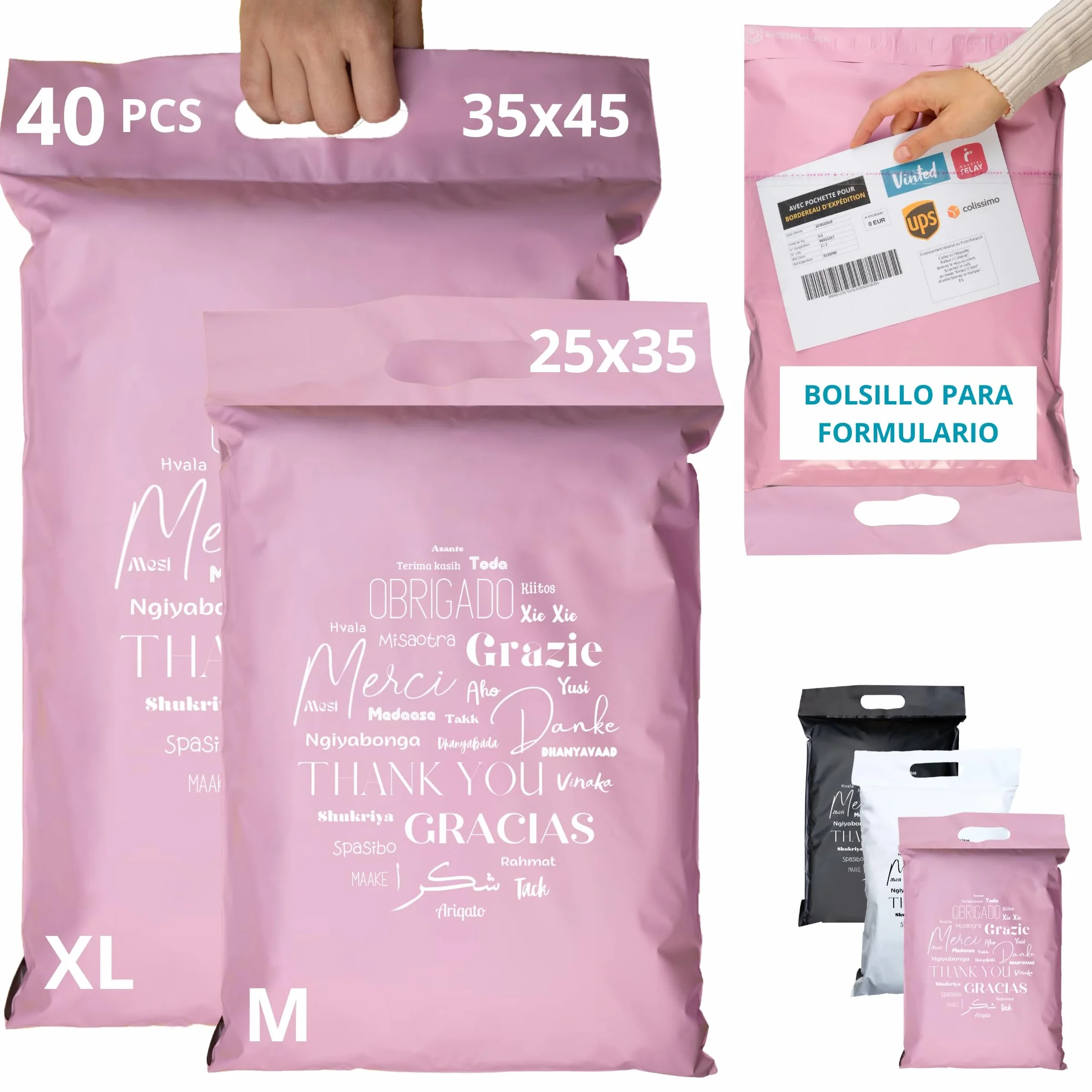 Sobres Plástico con Asa Impermeables Opacos para Envíos de Ropa 2 Tamaños M/XL Rosa
