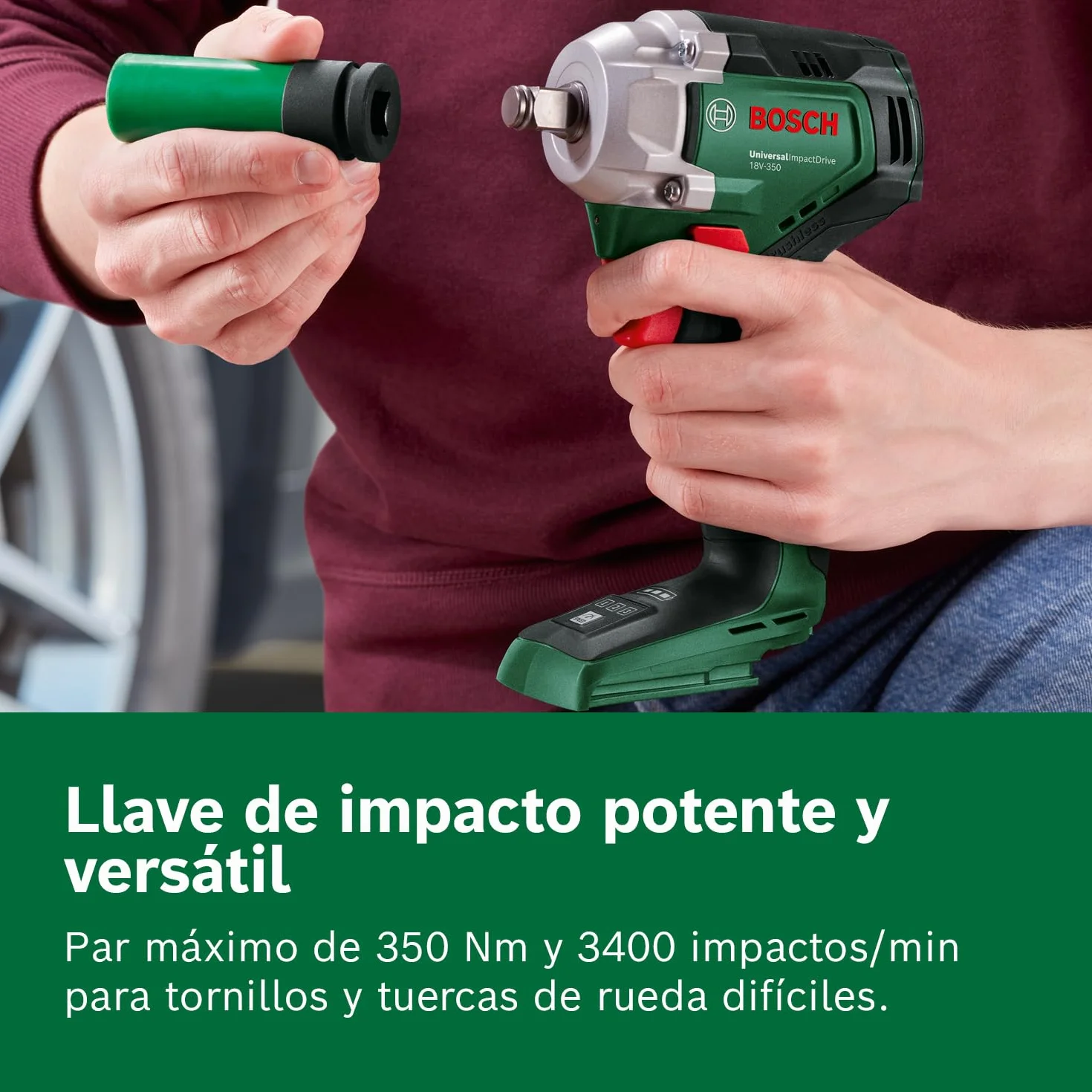 Bosch llave de impacto a batería UniversalImpactDrive 18V-350 (apriete potente y fijación en la obra; par de apriete máx.: 350 Nm; adaptador hexagonal; set de tuercas; sin batería)