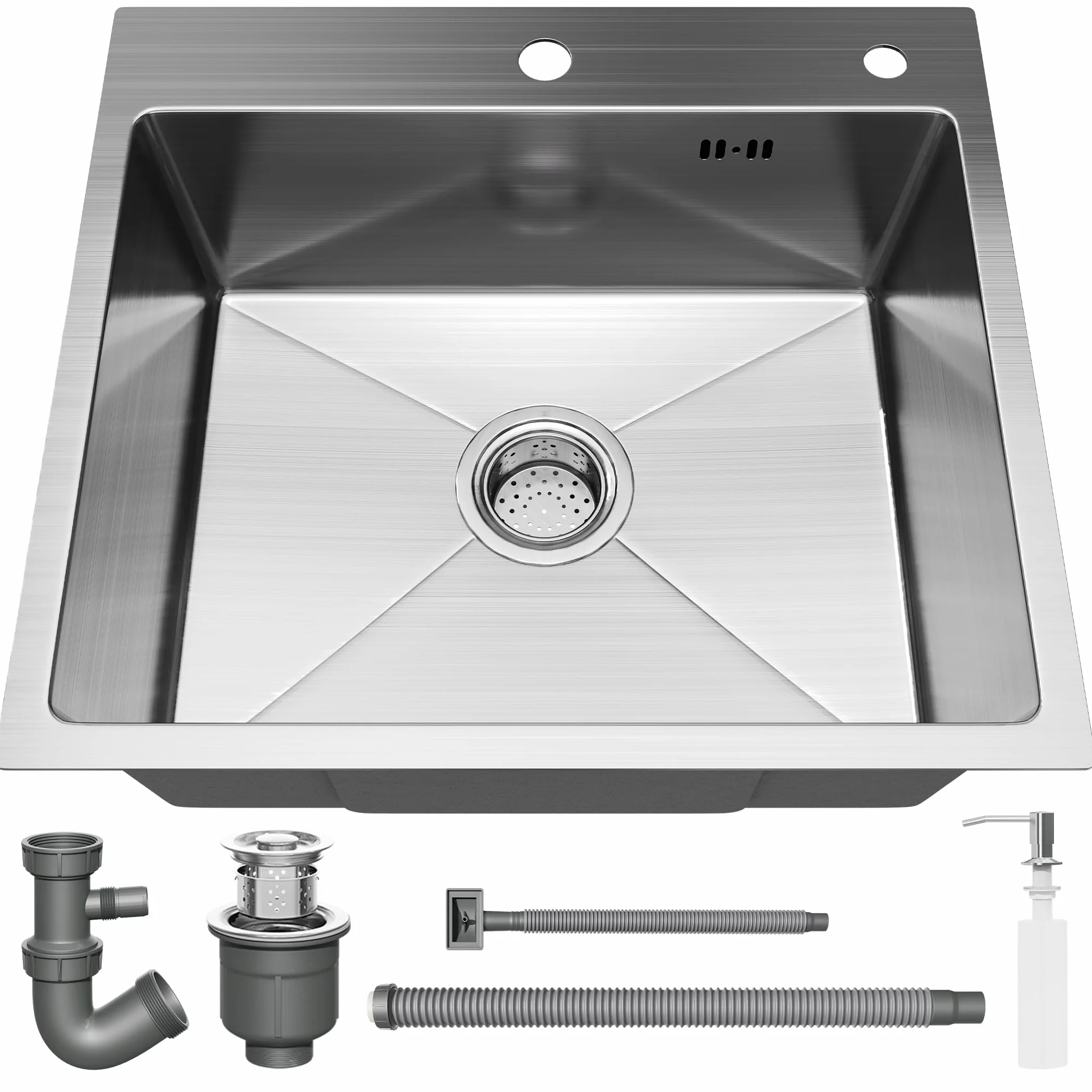 Fregadero Cocina 50x45 cm, STANEW Fregadero Cocina 1 Seno,Fregadero Inox con Dispensador de Jabón y Sifón，Sobre Encimera,Adecuado para Cocinas Pequeñas y Autocaravanas.