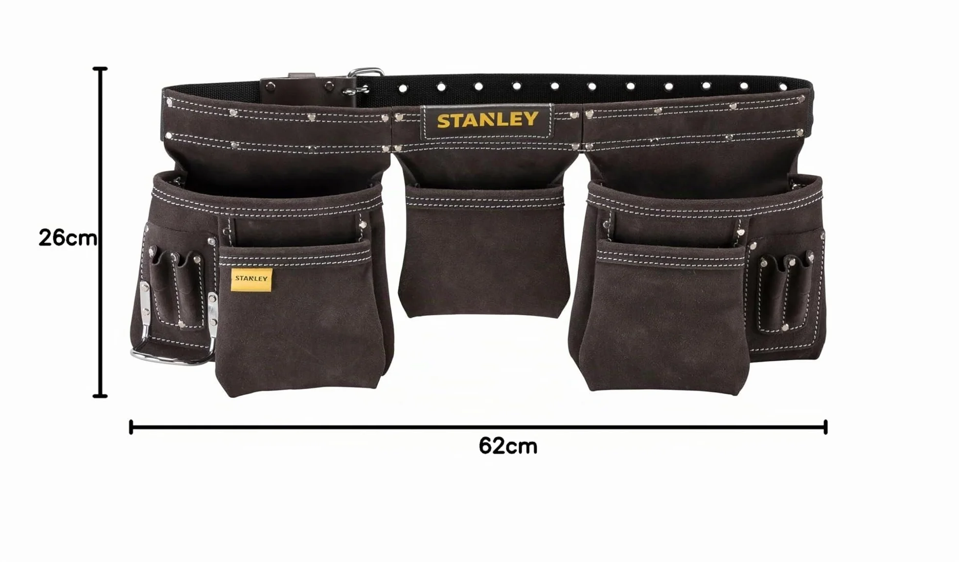 STANLEY Delantal Portaherramientas de doble cinturón, Múltiples bolsillos, Piel de primera calidad, Refuerzo de remaches, Doble costura, Dimensiones: 145 x 9 x 26 cm, STST1-80113