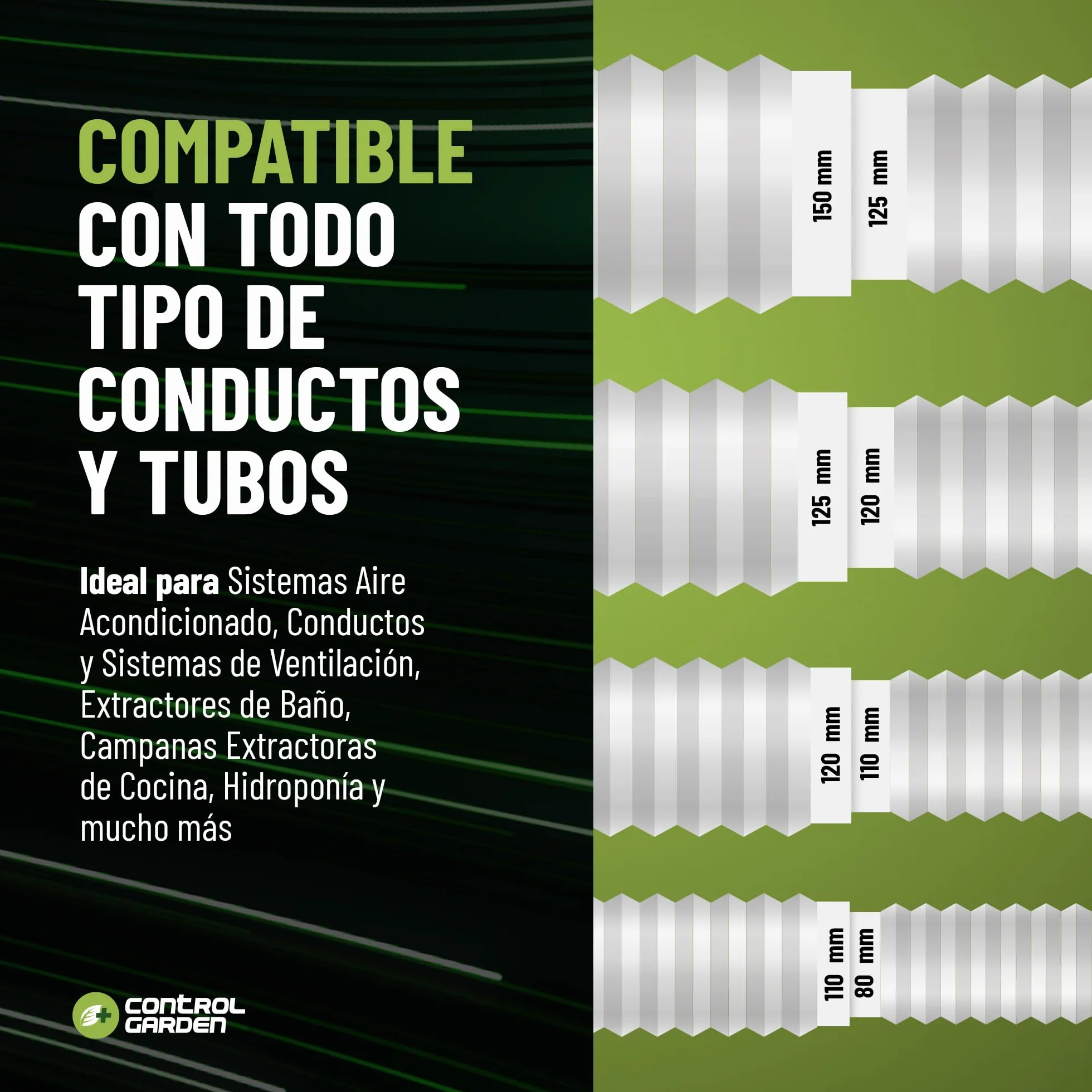 CONTROL GARDEN Pack x 2 Reductor Universal para Sistemas Ventilación Blanco - Acople Conector para Conductos Ventilación Diámetro Ø 80 100 120 125 150 mm - Reductor Tubo