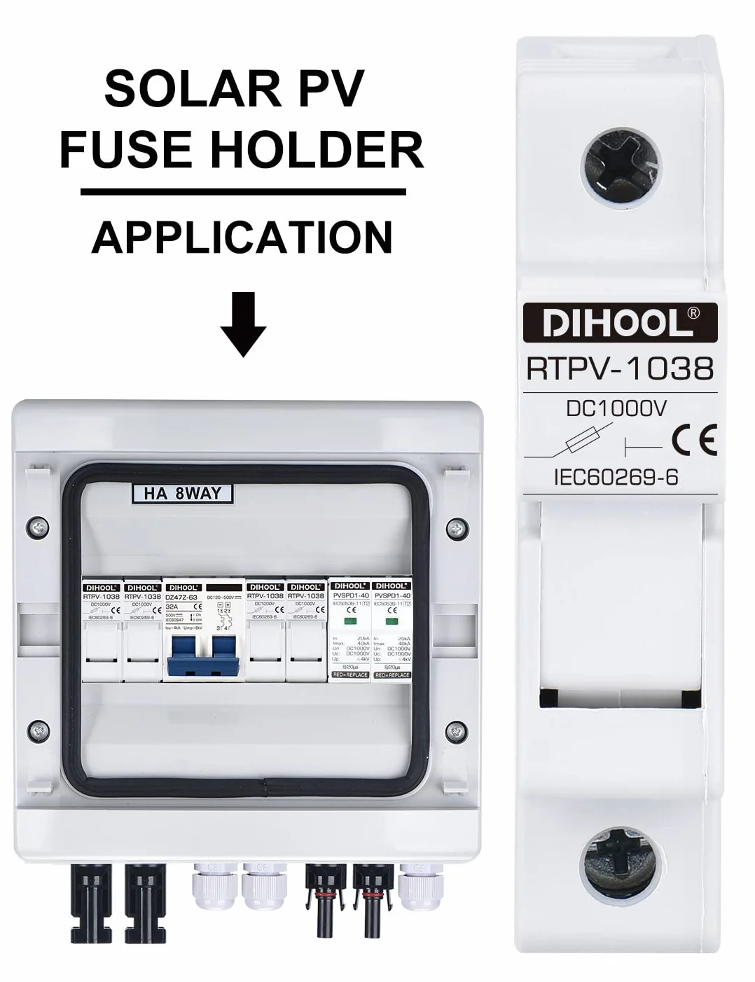 DIHOOL Instalación de guía DIN de 1 polo dc1000v 10 x 38 mm, fusibles fotovoltaicos 10a (4 fusibles y 6 fusibles)