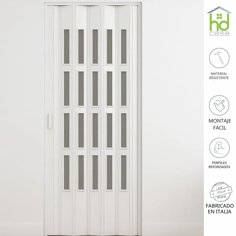 HDcasa Puerta plegable Extra Standard, PVC con cristal transparente, reversible y regulable en altura longitud, para montaje propio, fabricada Italia, decoración del hogar, blanca, 82 x 210 cm