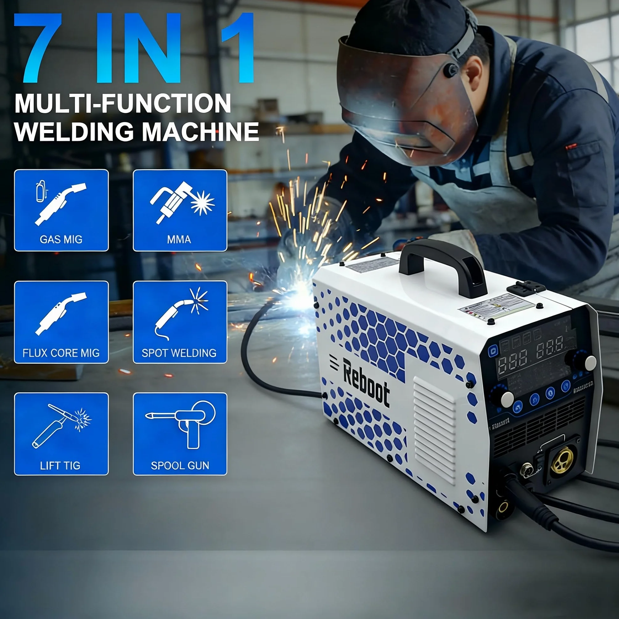Reboot Soldadora multifunción 7 en 1 205 A – MIG/MAG, sin gas, MMA, Lift-TIG, soldadura por puntos, preparación de aluminio, pantalla digital, 240 V, ideal para bricolaje y taller