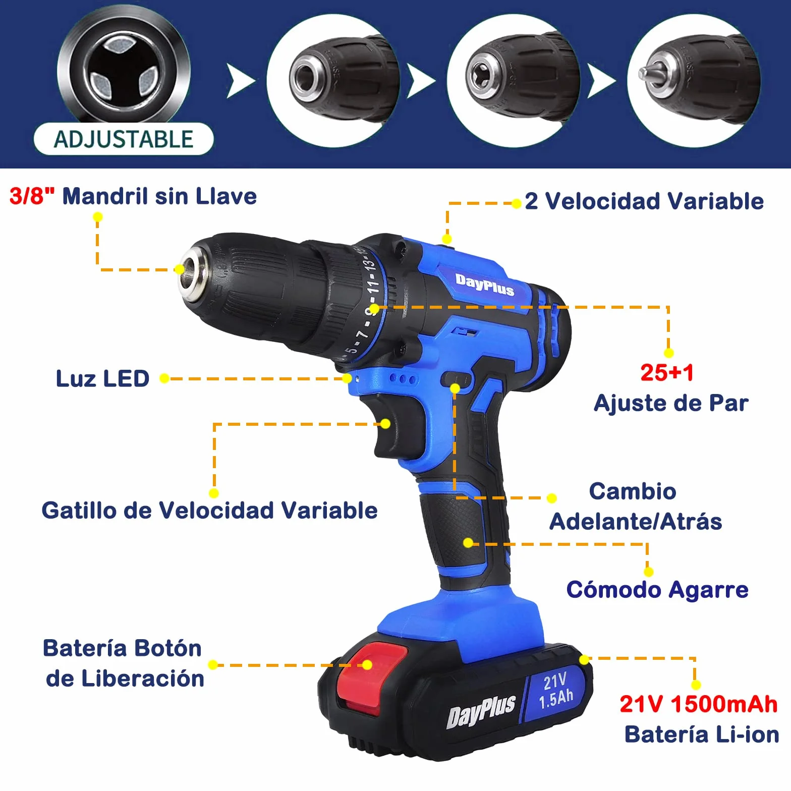 21V Taladro Atornillador Batería Kit, Taladro Atornillador Electrico con 2x1,5Ah Baterías, 26Pcs Kit Destornillador Eléctrico, 42Nm Máx Trompo de Bateria, 25+1 Ajuste de Par, 2 Velocidad, LED Luz