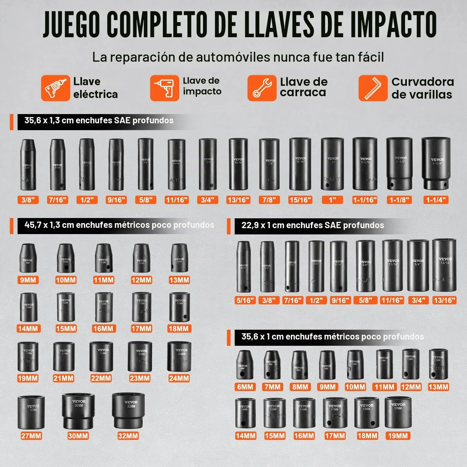 VEVOR Juego de Vasos de Impacto 1/2" 3/8" Juego de Vasos de Impacto Métricos 59 piezas 6-32 mm Acero de Aleación CR-Mo 6 Puntos Marcas de Tamaño Fáciles de Leer para Reparación de Automóviles