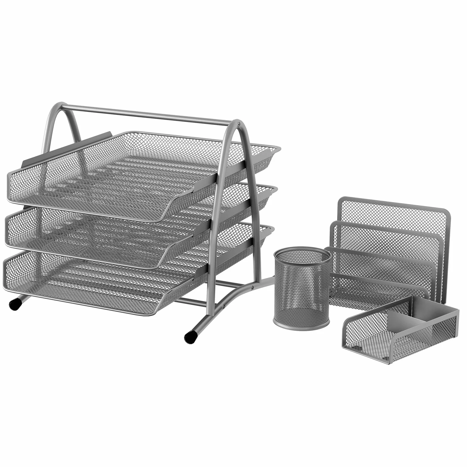 EasyPAG 4 Piezas Bandeja Escritorio A4 3 Niveles Metal Malla Almacenamiento Papeles Organizador Plateado