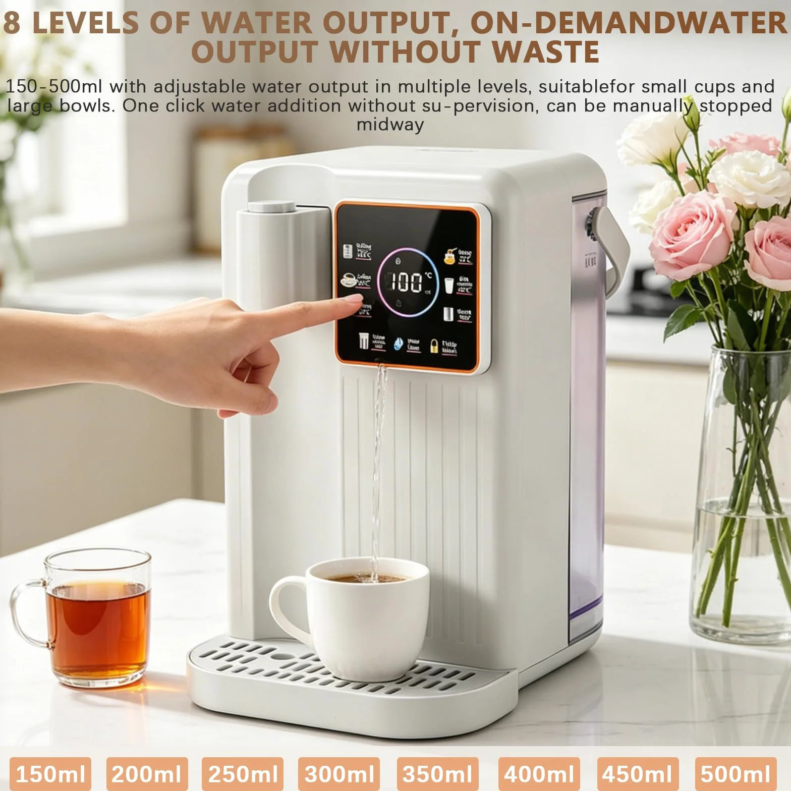 Dispensador de Agua, Estación de Agua 3L Dispensador Instantáneo de Caliente con 2 Filtro Instantáneo de Encimera con 6 Temperaturas Ajustables y 8 Volúmenes de Agua, Tanque Extraíble
