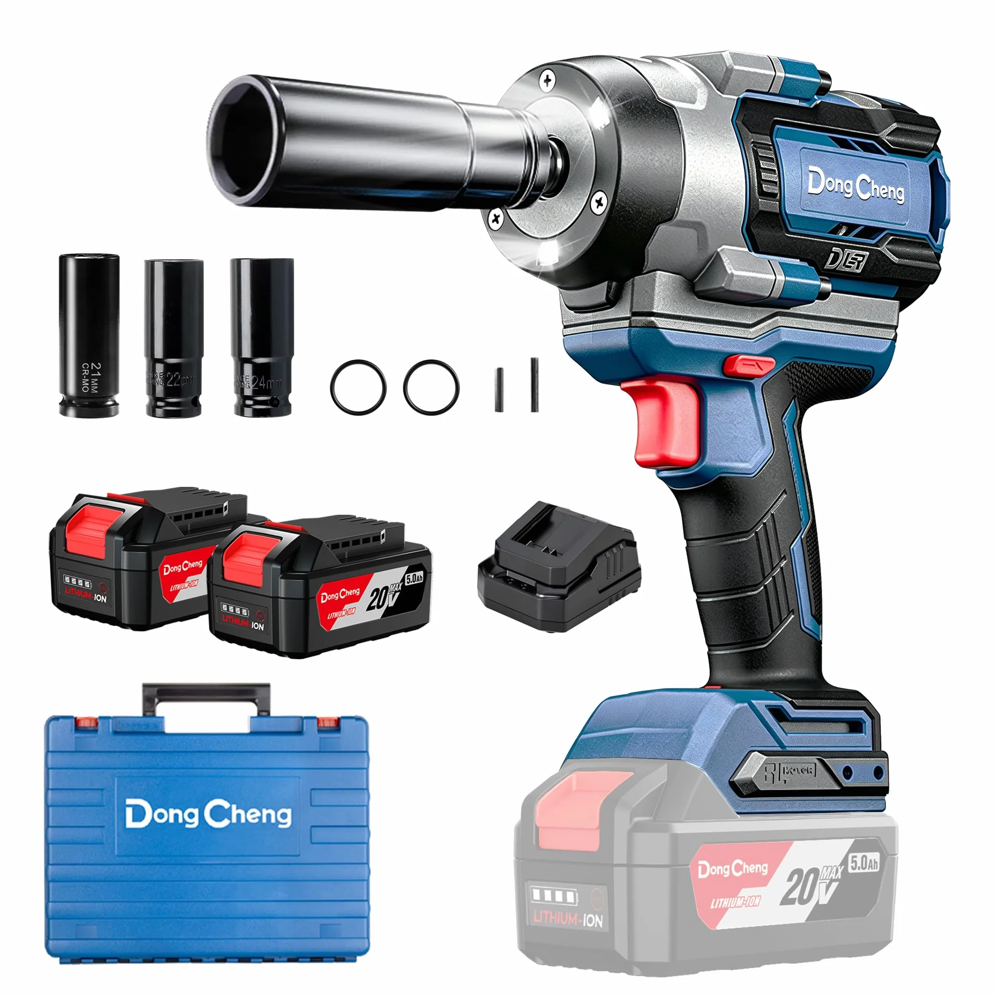 Dong Cheng Llave de impacto a batería sin escobillas 1/2", 1700 Nm, 3 vel (0-1900rpm), 2 bat 5Ah + cargador rápido + 3 dados + maletín. Para coches, camiones y maquinaria pesada