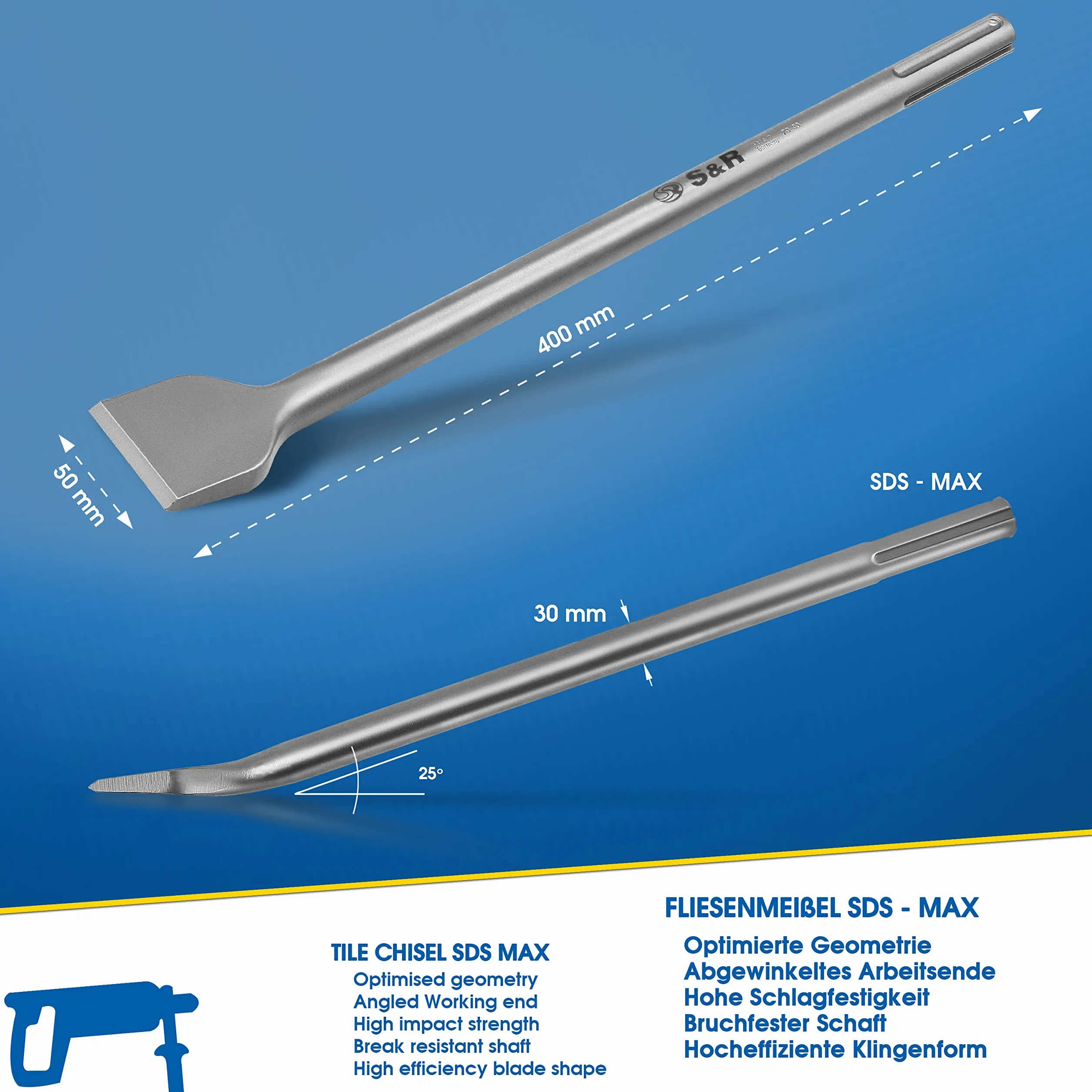 S&R Cincel SDS MAX Baldosas 400 x 50 mm Calidad Industrial. Concel ángulado MADE in GERMANY