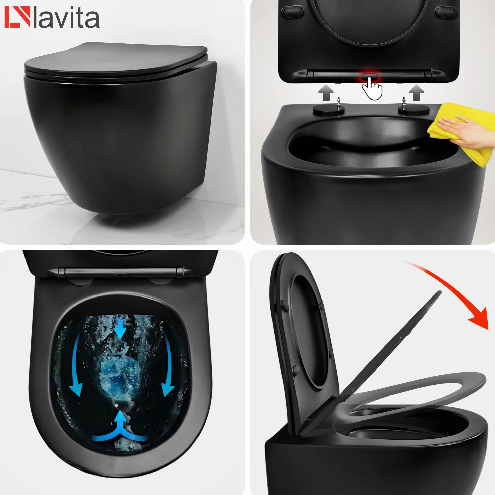 LAVITA | Elemento de pared Solido + pared colgante de inodoro Sinto negro sin borde + asiento de inodoro SoftClose | Botón dorado | Juego completo | cisterna empotrada | inodoro completo