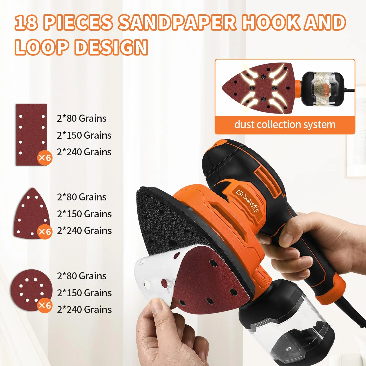 GOXAWEE Lijadora Orbital 3 en 1, 450W 125mm Lijadora Orbital Aleatoria con 6 Velocidades y 3 Modelos de Cabezales de Lijado, 18pcs de Papel de Lija, Lijadora Eléctrica con Caja de Polvo para Lijar