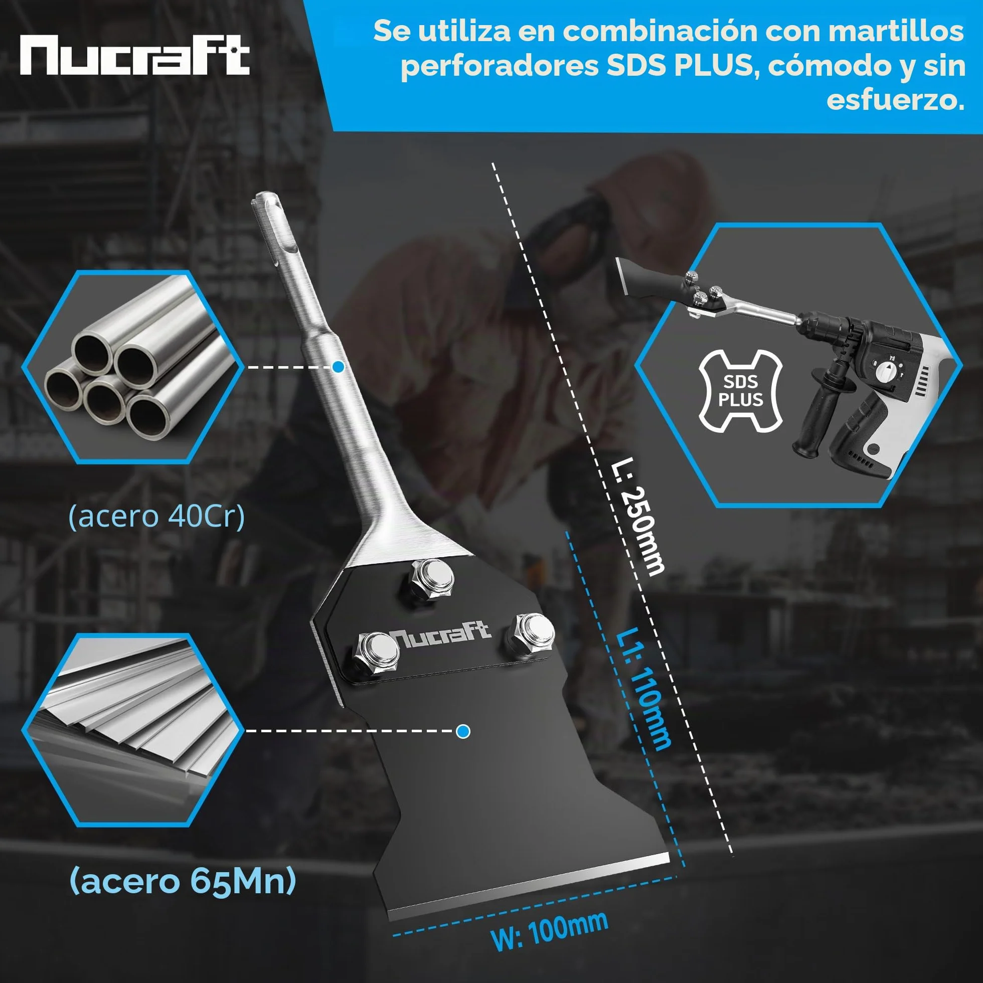 Nucraft SDS-Plus - Cincel para espátula (250 x 100 mm, para quitar el pegamento del suelo, alfombras, linóleo, adhesivo para baldosas, baldosas de PVC, color
