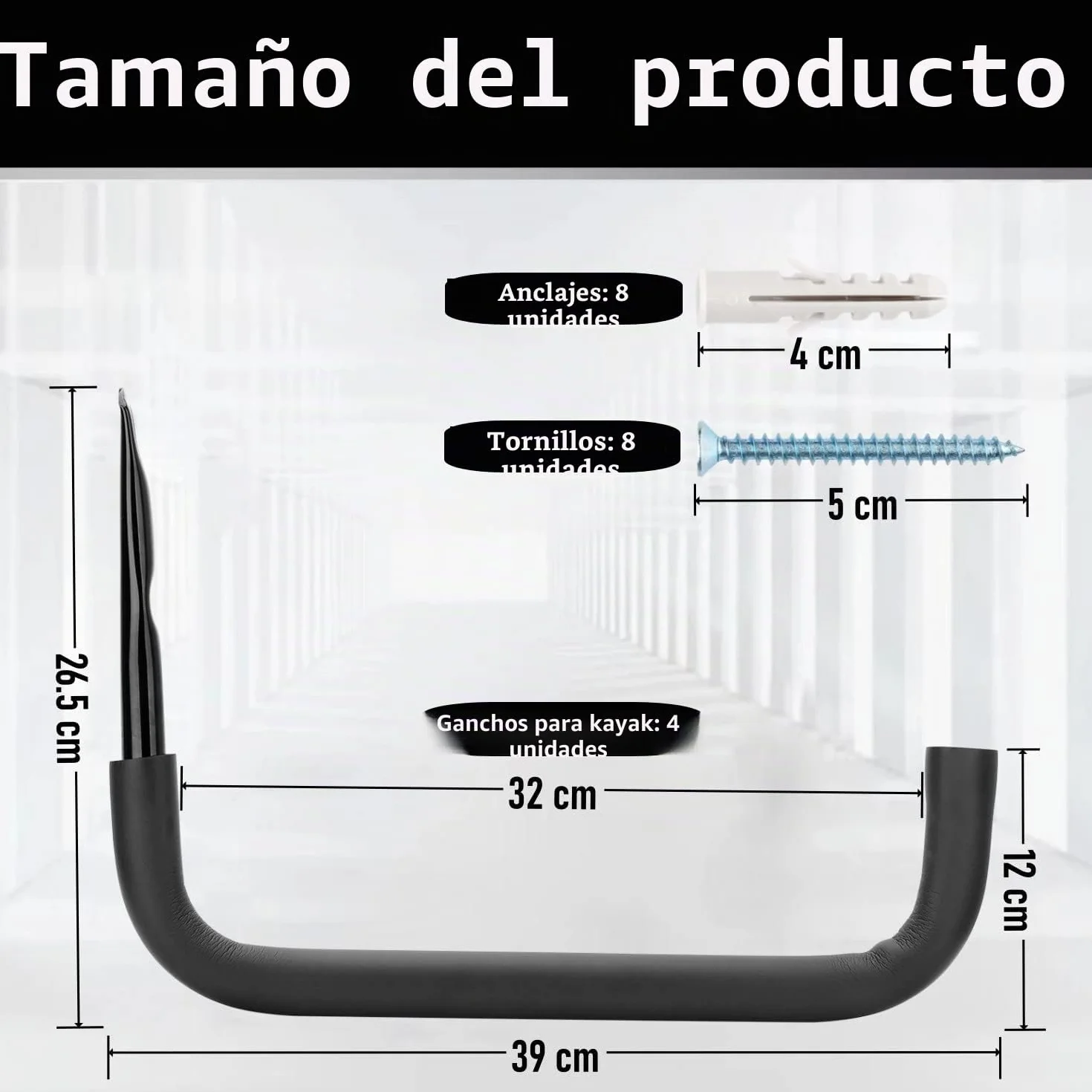 Gancho de almacenamiento de garaje, estante de almacenamiento de kayak de acero resistente de 39 cm, paquete de 4 perchas de garaje de montaje en pared para escalera, canoa, tabla de surf