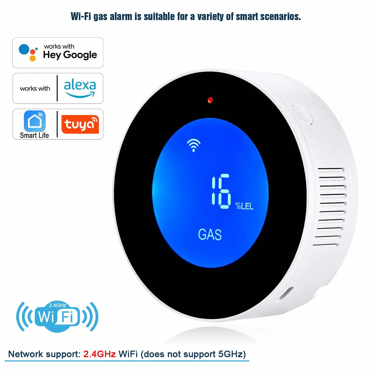 Detectores de Gas natural con WiFi, alarma portátil de fugas de gas compatible con aplicación inteligente, Tuya, sensor de gas metano con alarma de voz de 85 dB y alarma visual de concentración de gas