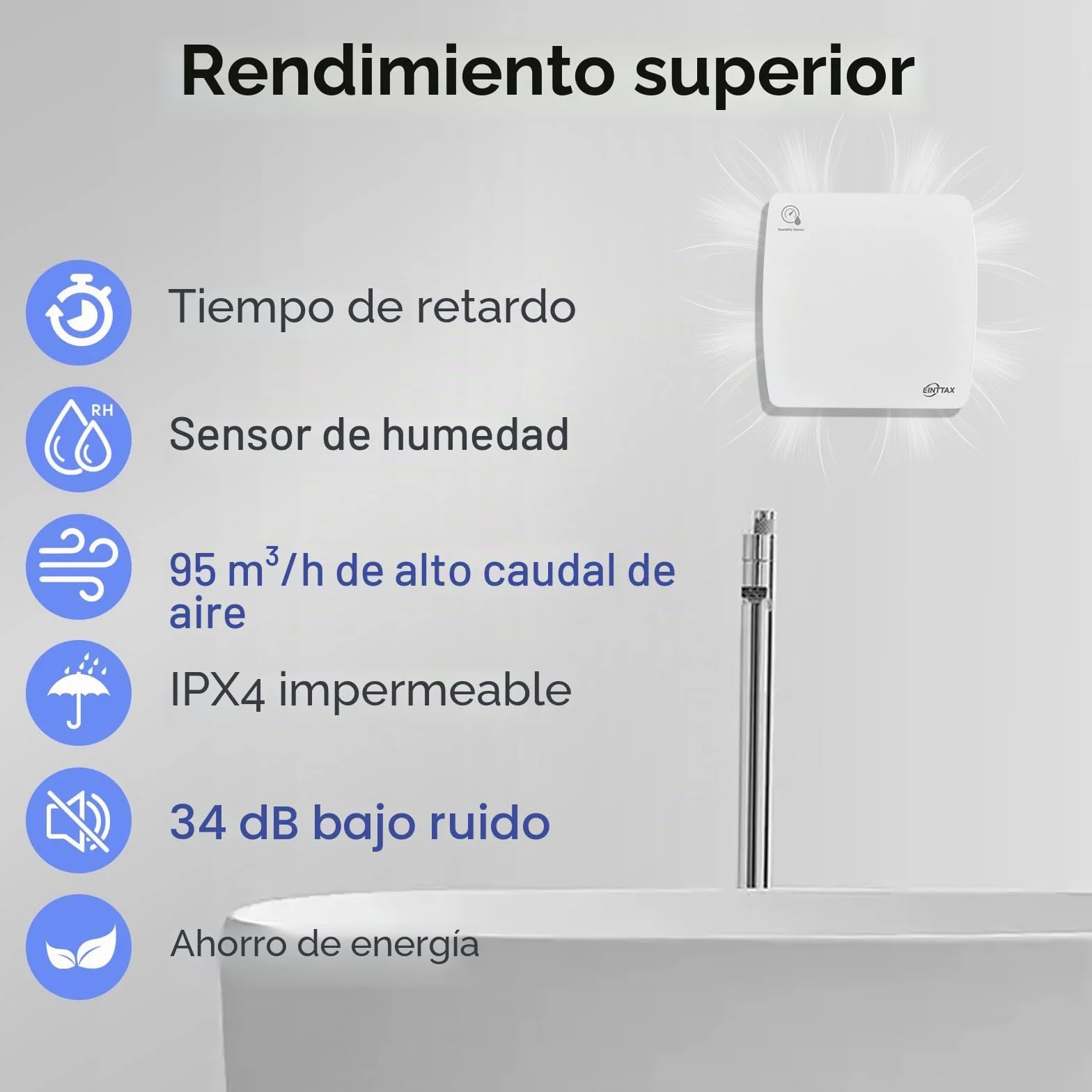 Ventilador extractor silencioso 100 mm baño sensor humedad temporizador blanco cuadrado 95 m³/h pared ventana cocina ducha