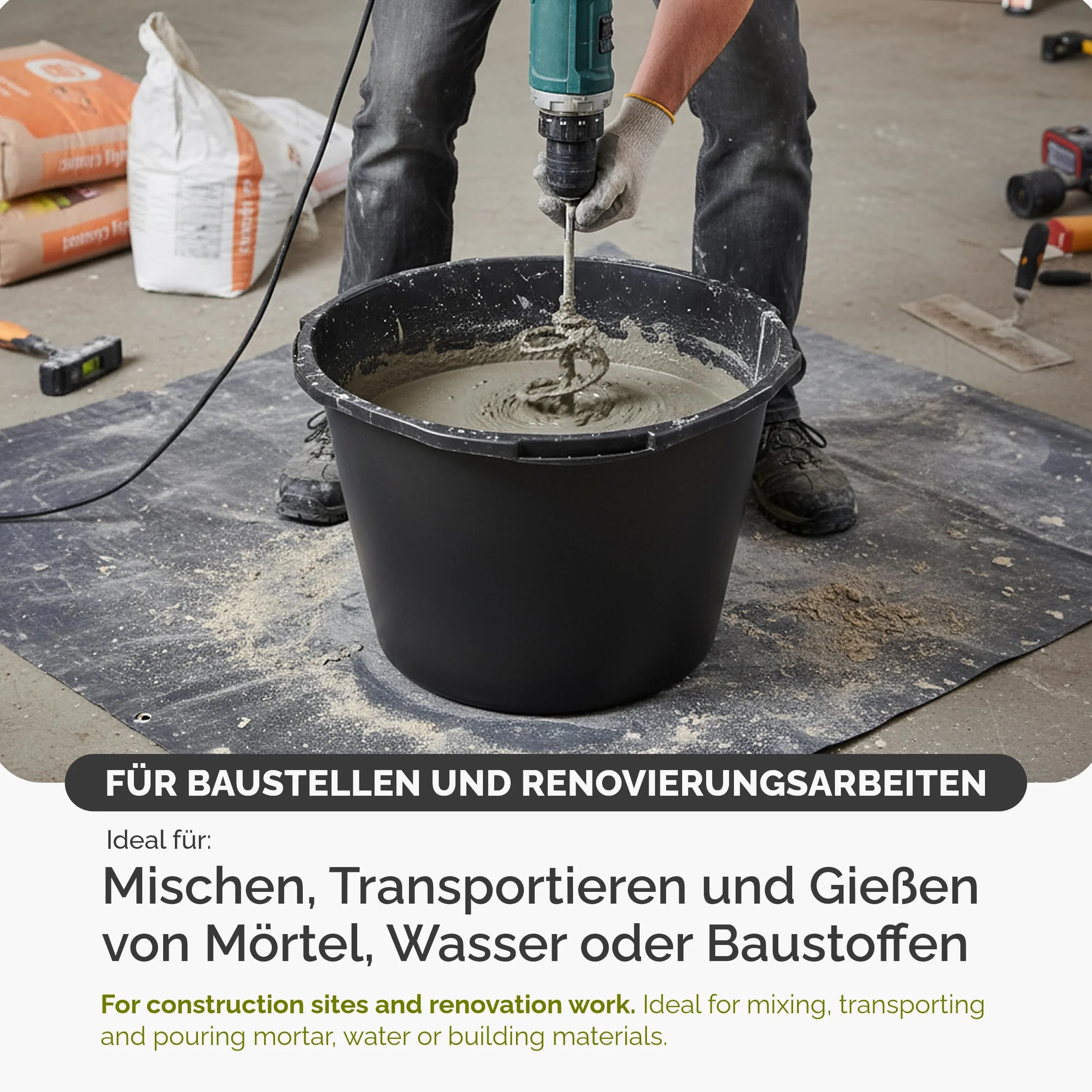 Garronda Pack de 2 Gaveta de Obra Redondo 90 L – Cubeta Plástica Resistente para Mortero y Mezclar Cemento, Depósito, Contenedor Multiusos Barreño para Construcción, Hogar y Jardín GD-0170 Negro