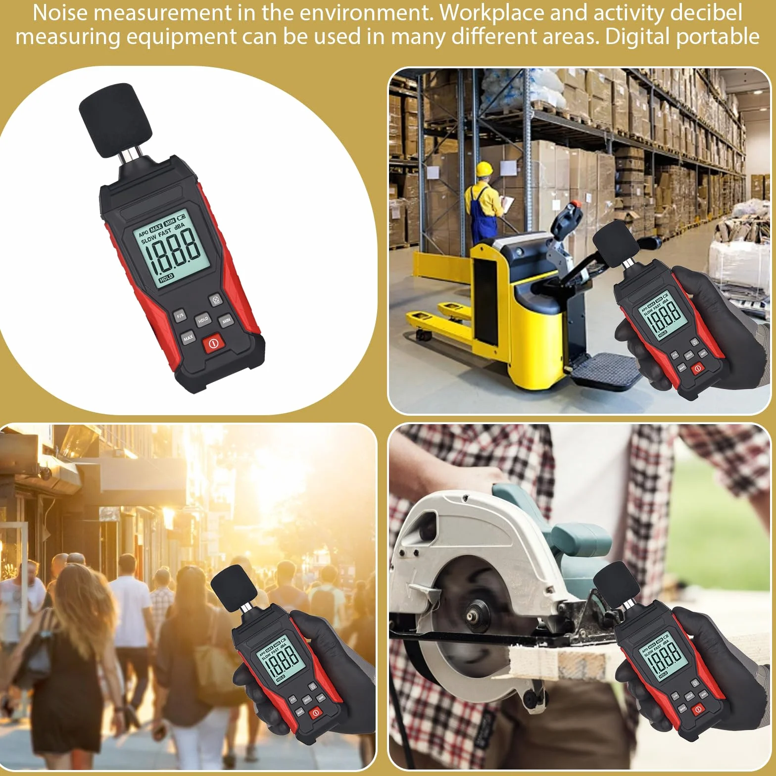 Medidor de decibelios profesional con almacenamiento de datos | Medidor de nivel de sonido digital portátil | Medidor de nivel de sonido 30 – 130 dB (A/C) para casa, obra, oficina | Iluminación LCD