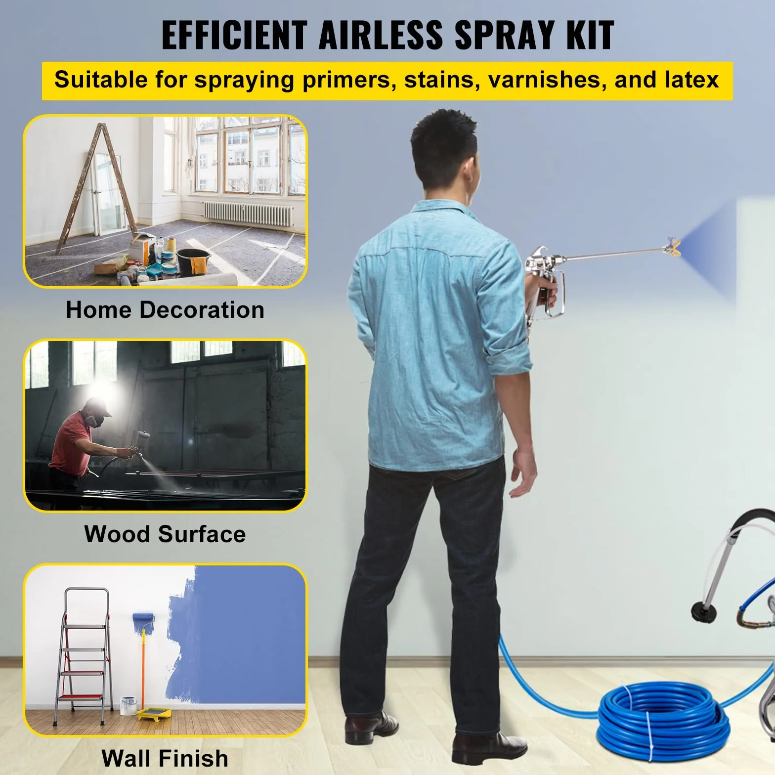 VEVOR Kit de Manguera Flexible para Pintura Airless Manguera de Fibra de Alta Presión 15,24 m 248 Bar con Varilla de Extensión de 20,3 cm Boquilla y Protección Articulación Giratoria de 6,3 mm