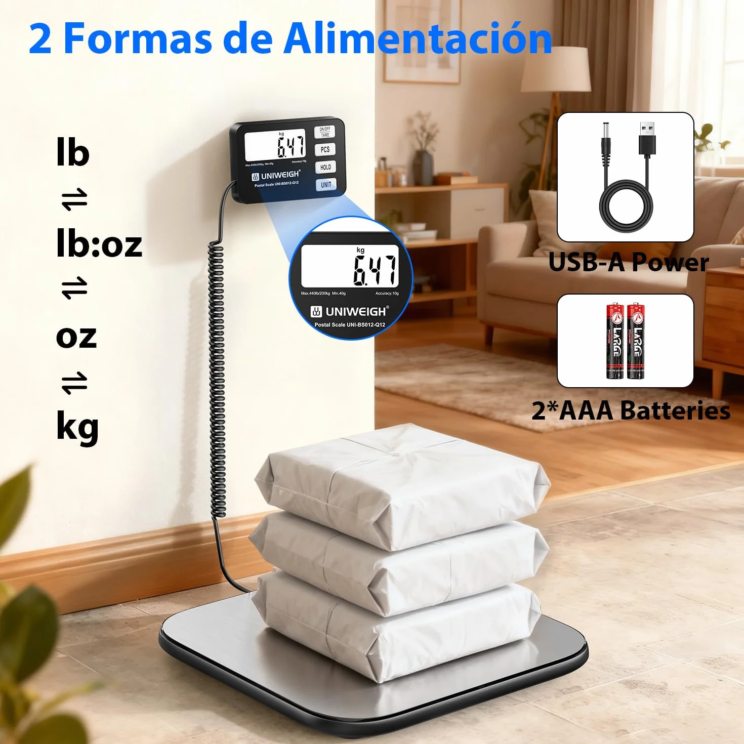 UNIWEIGH Báscula para paquetes 200 kg/10 g precisión digital con función PCS/retención/tara plataforma