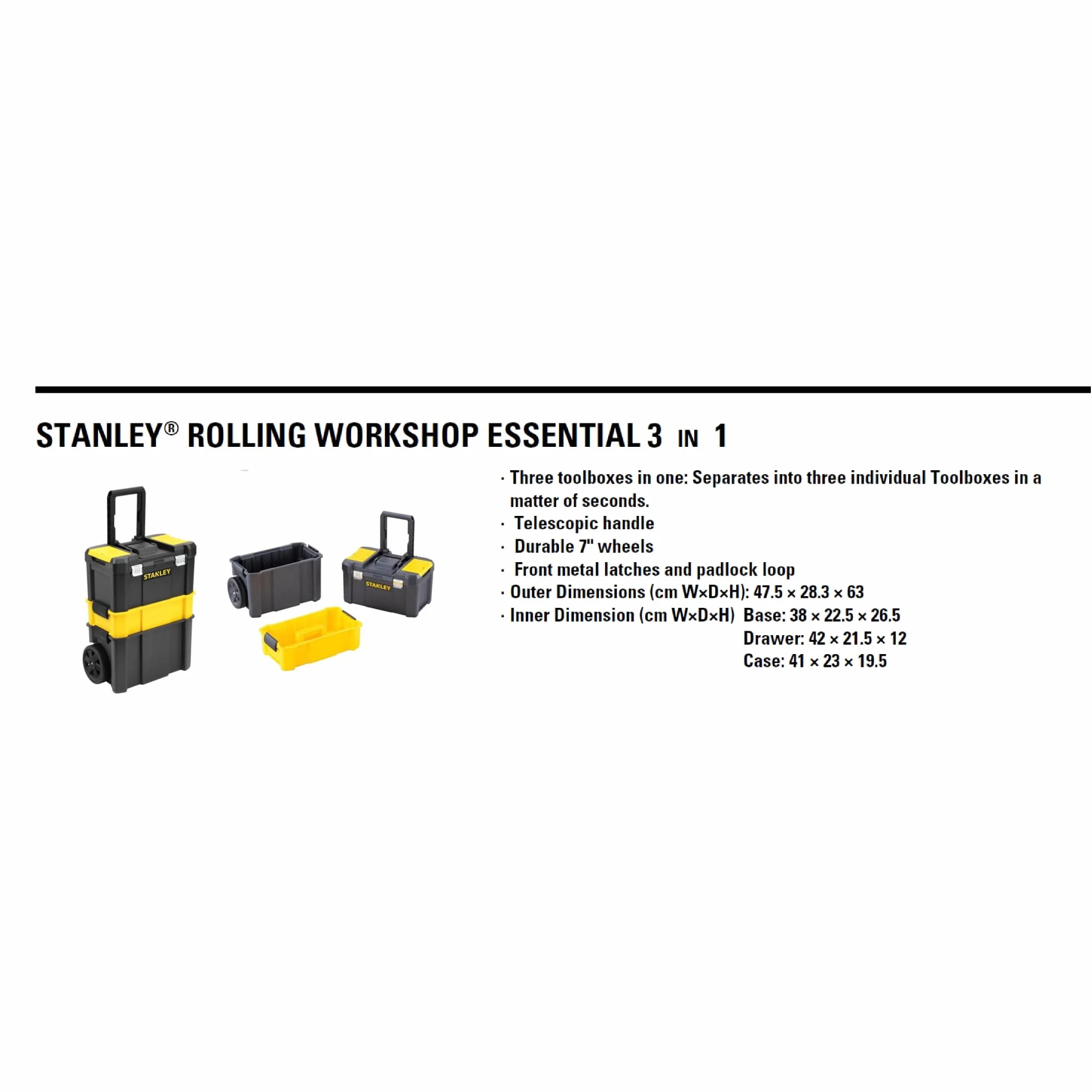STANLEY Caja de Herramientas Rodante Esencial, Taller Móvil 3 en 1 con Unidades Apilables, Solución Portátil para Herramientas, STST1-80151.