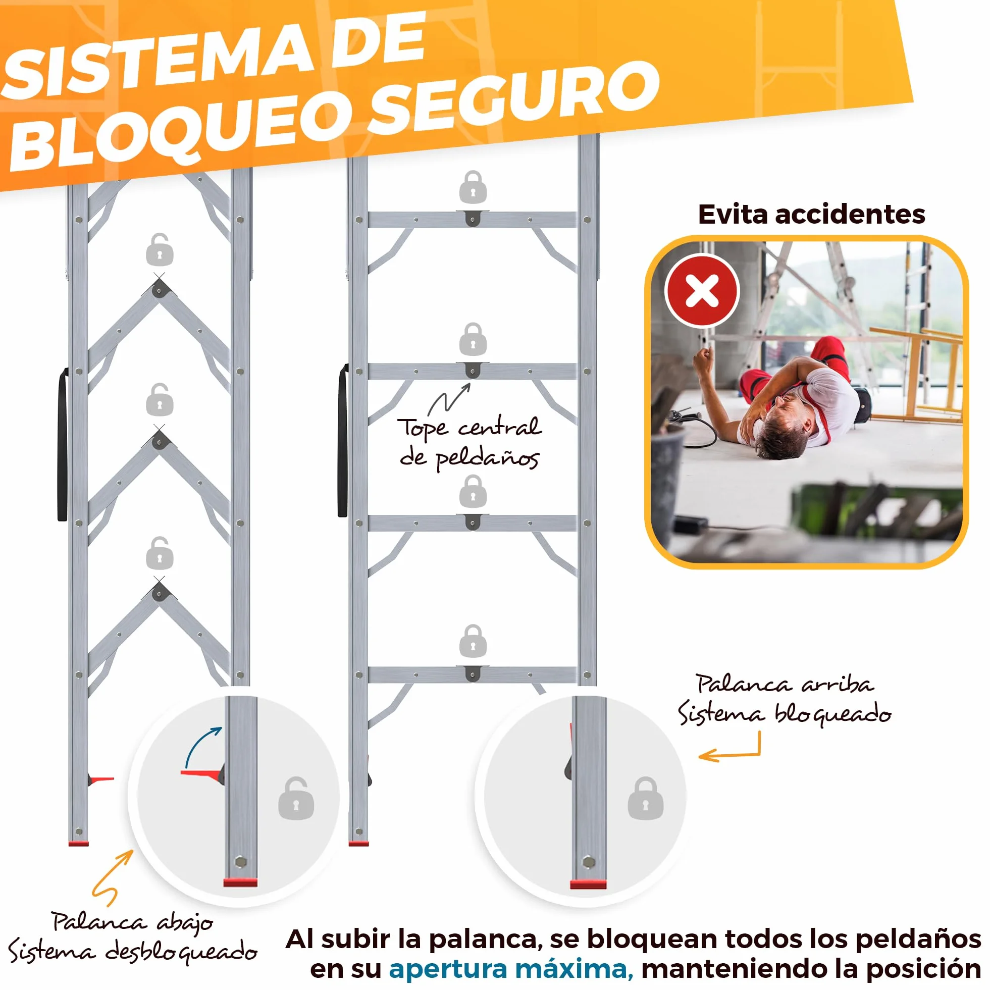 Escalera Plegable de Aluminio 5 Peldaños - Escaleras Plegables Aluminio 180 cm - Segura y Antideslizante para Hogar, Taller y Construcción - Plegado Compacto y Rápido para Espacios Reducidos