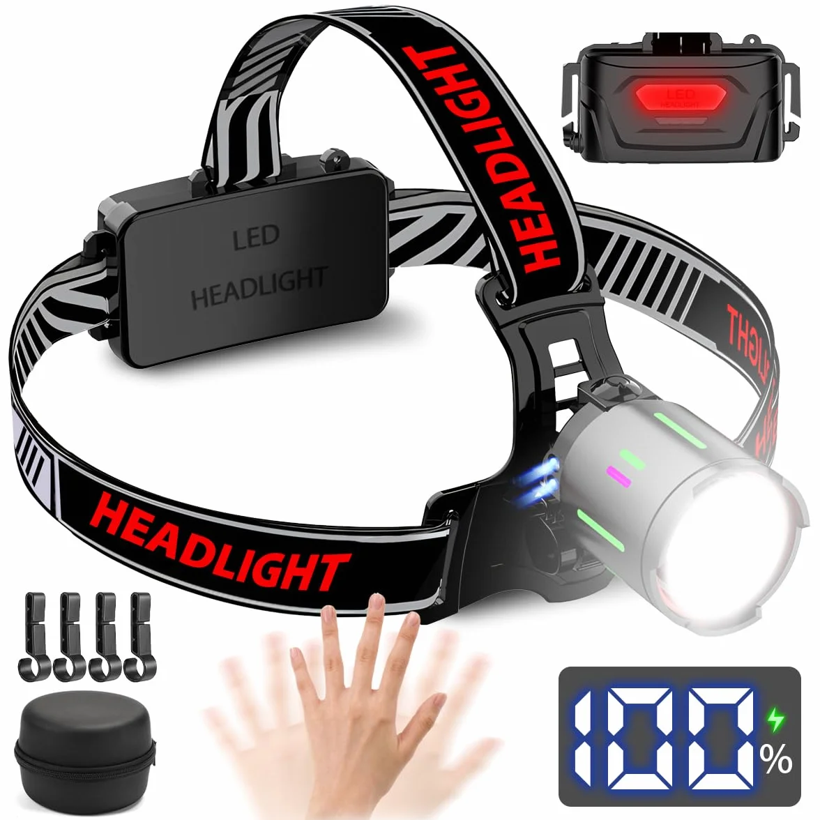 NAKCNM Linterna frontal LED recargable con sensor de movimiento, linterna frontal con pantalla LCD, 20000 lúmenes, 3 modos de enfoque ajustable, lámpara de casco con bolsa para camping, senderismo,