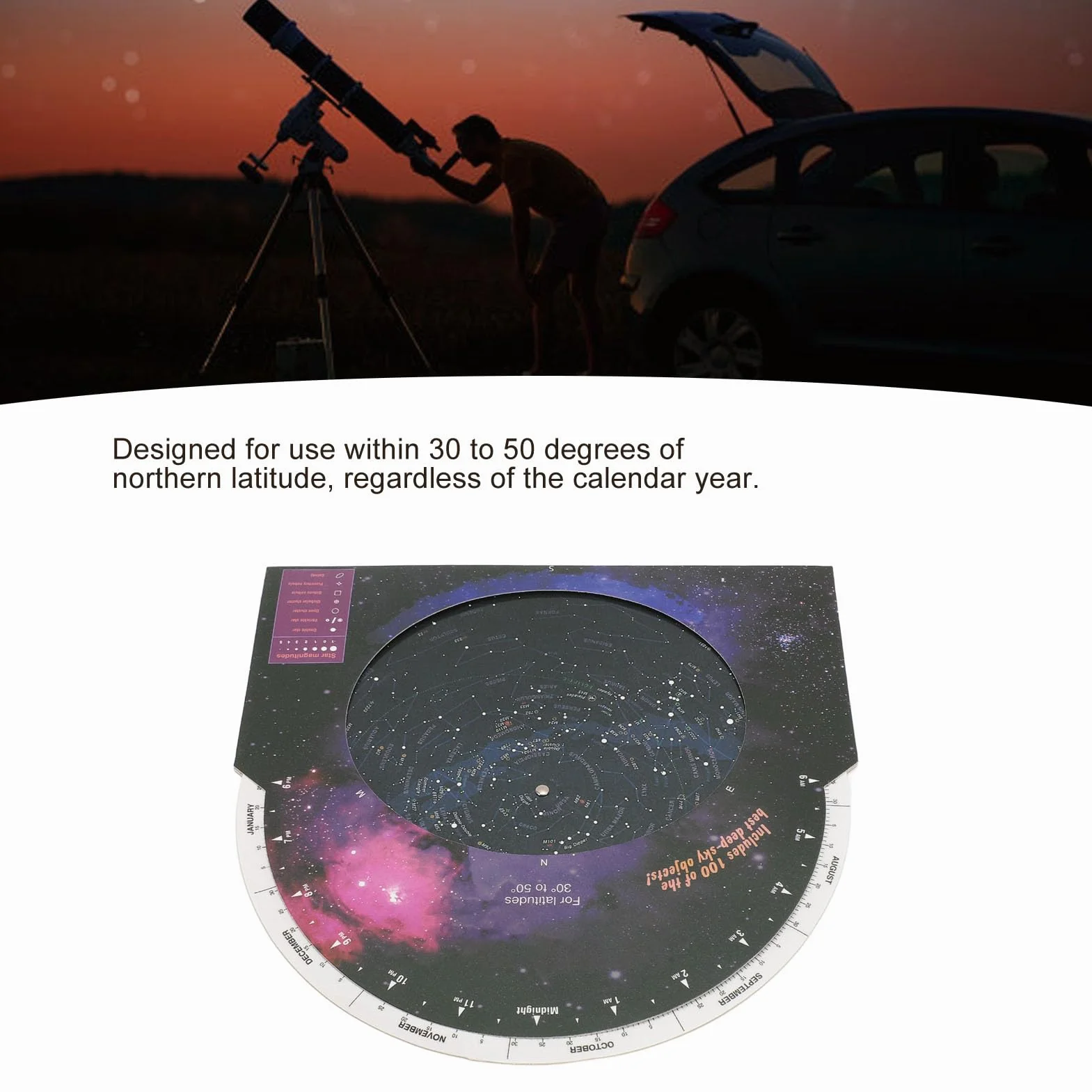 Planisferio Star Target, Guía de Mapas Estelares de Astronomía con 100 Cúmulos de Estrellas, Nebulosas y Galaxias, para Observar Constelaciones, Estrellas Brillantes y Objetos