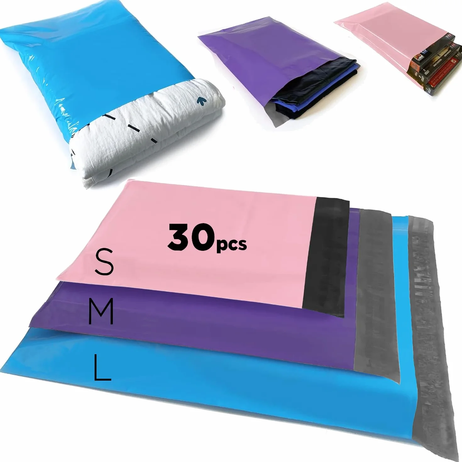 Sobre de plástico Expedition, 30 bolsas de envío paquete Vinted, impermeable e irrompible, autoadhesivas, opaca para ropa, zapatos, libros (32 x 45 25 x 35 20 x 30, azul púrpura rosa)