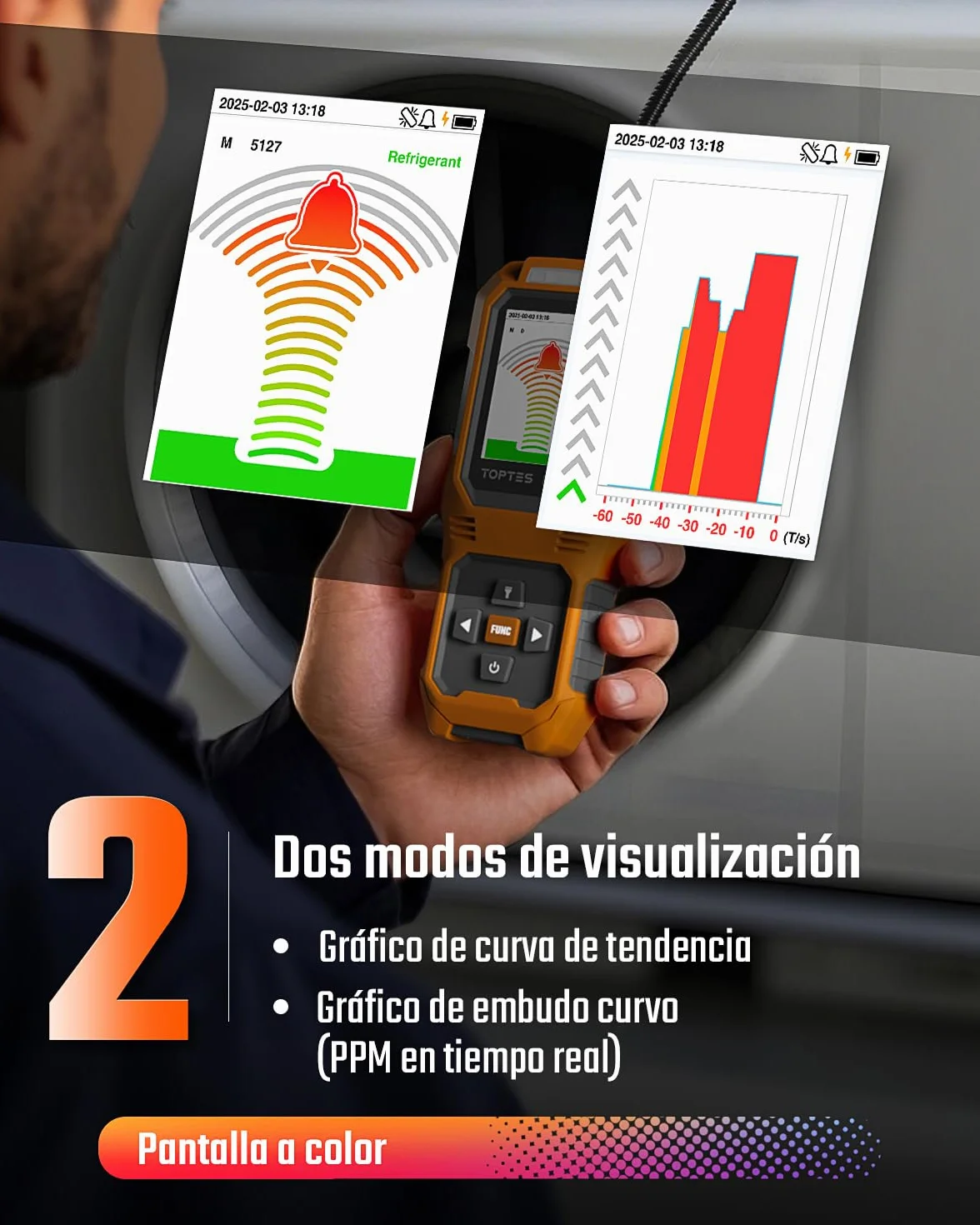 TOPTES RT-389 Detector de Fugas de Refrigerante Recargable, 3 Modos de Sensibilidad, Freón, CFC HCFC HFC HFO HC, Naranja