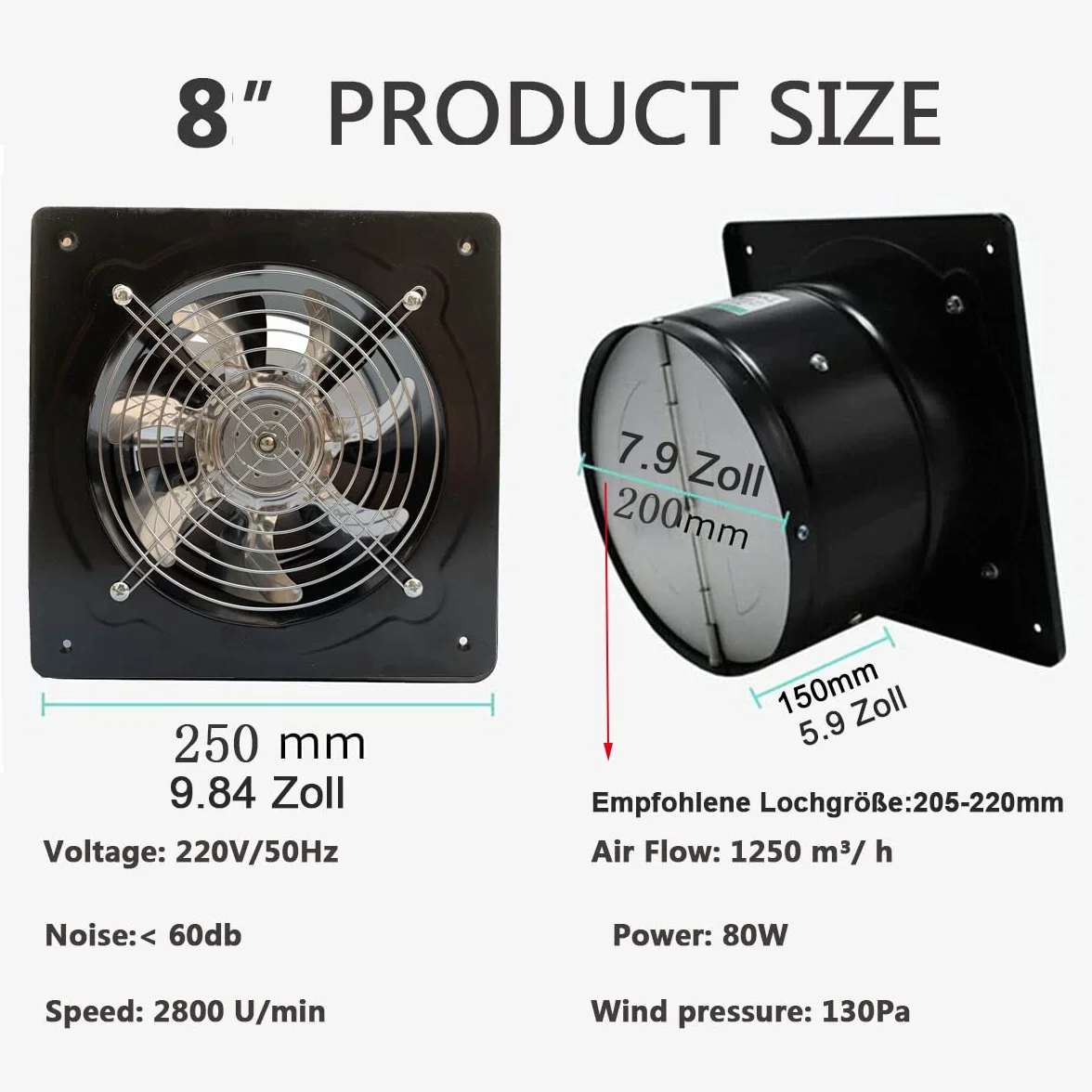 Ventilador axial industrial 200 mm 80 W 1250 m³/h metal extractor techo pared 250x250 mm