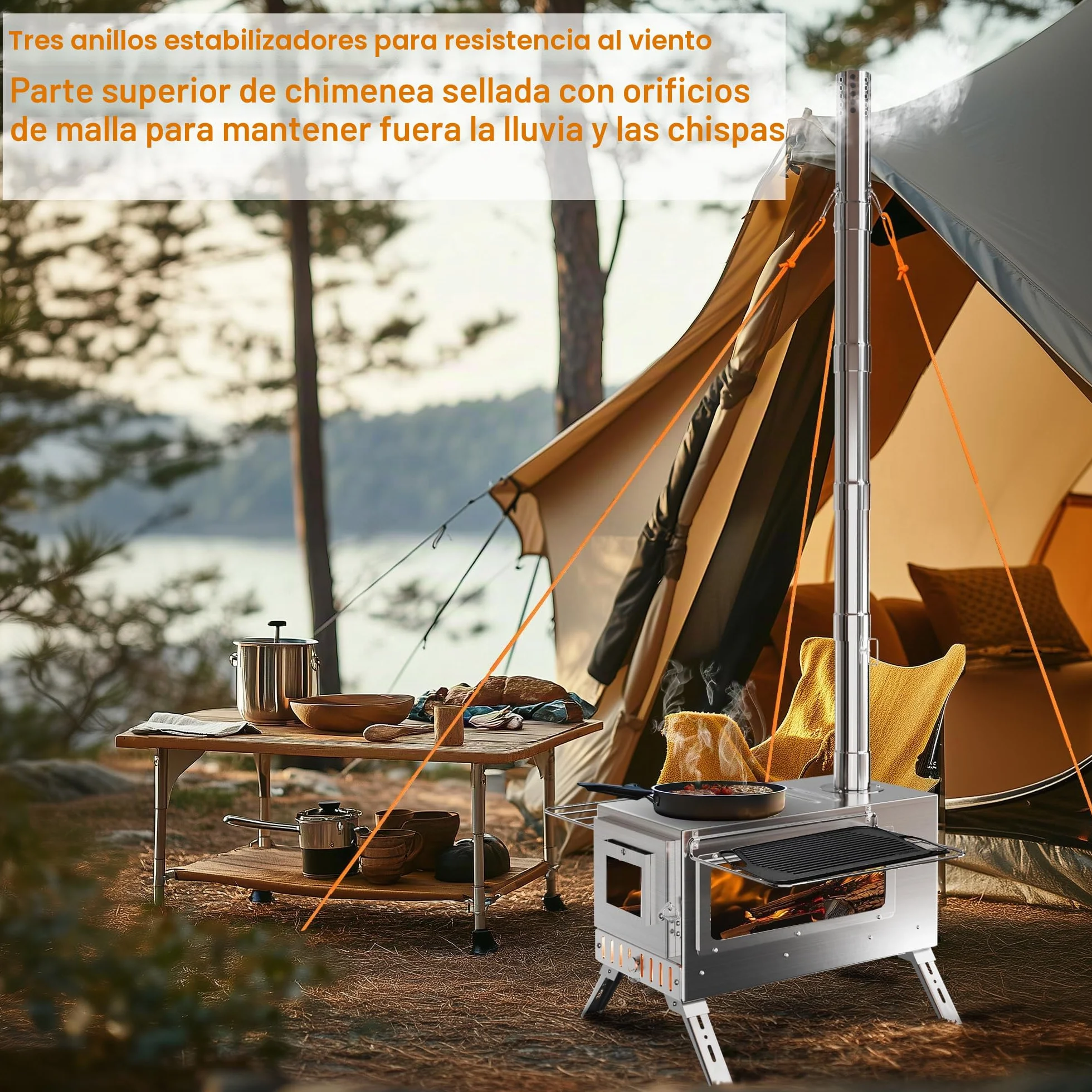 UNHO Estufa de Leña Portátil Plegable con Chimenea de Acero Inoxidable para Tienda de Campaña