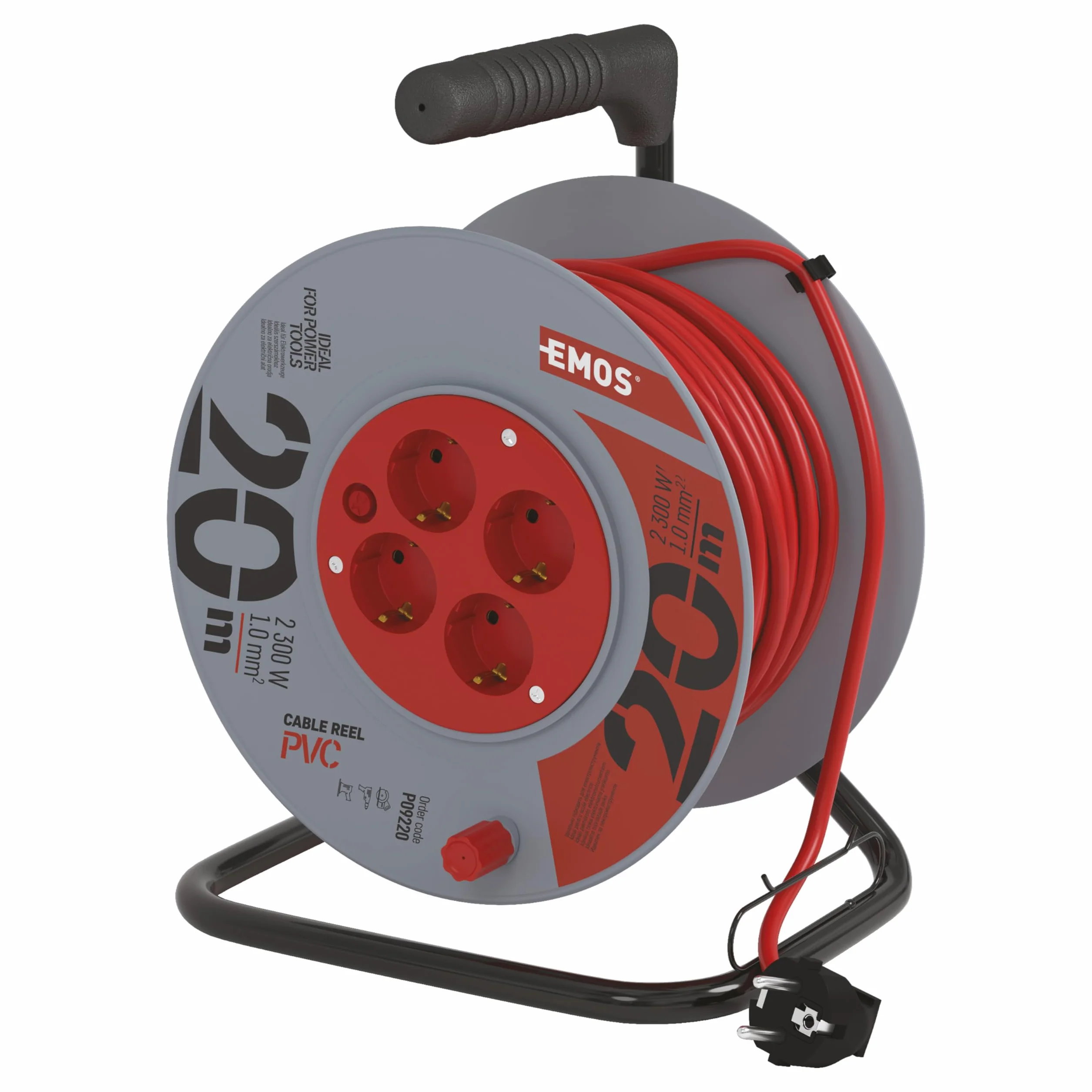 EMOS tambor cable 20 m, 4 Schuko, 230 V 10 A 2300 W, PVC H05VV-F3G 1.0 mm², protección sobrecalentamiento, freno bobina, IP20, interior
