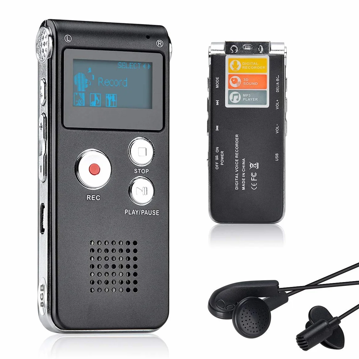 Lychee 8GB Grabadora de Voz USB Recargable Dictáfono LCD con Reproductor MP3 (Negro)