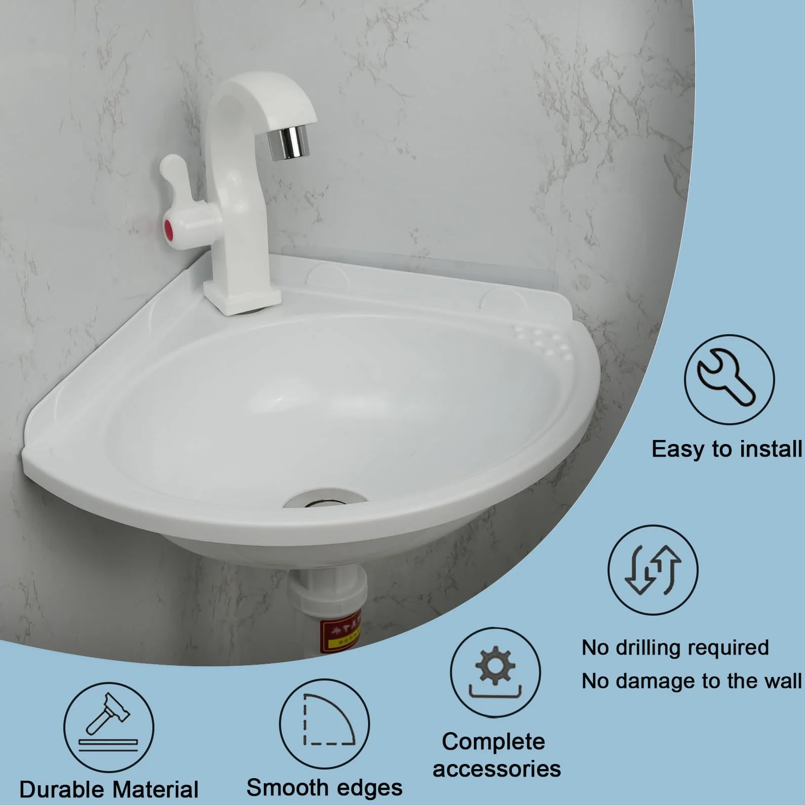 Lavabos de Esquina Pequeño Engrosado Lavabo de Montaje en Pared, Moderno Fregadero Compacto de Baño con Grifo, Fregadero de Cocina de Plástico, Mini Lavabo para Jardín Camping RV
