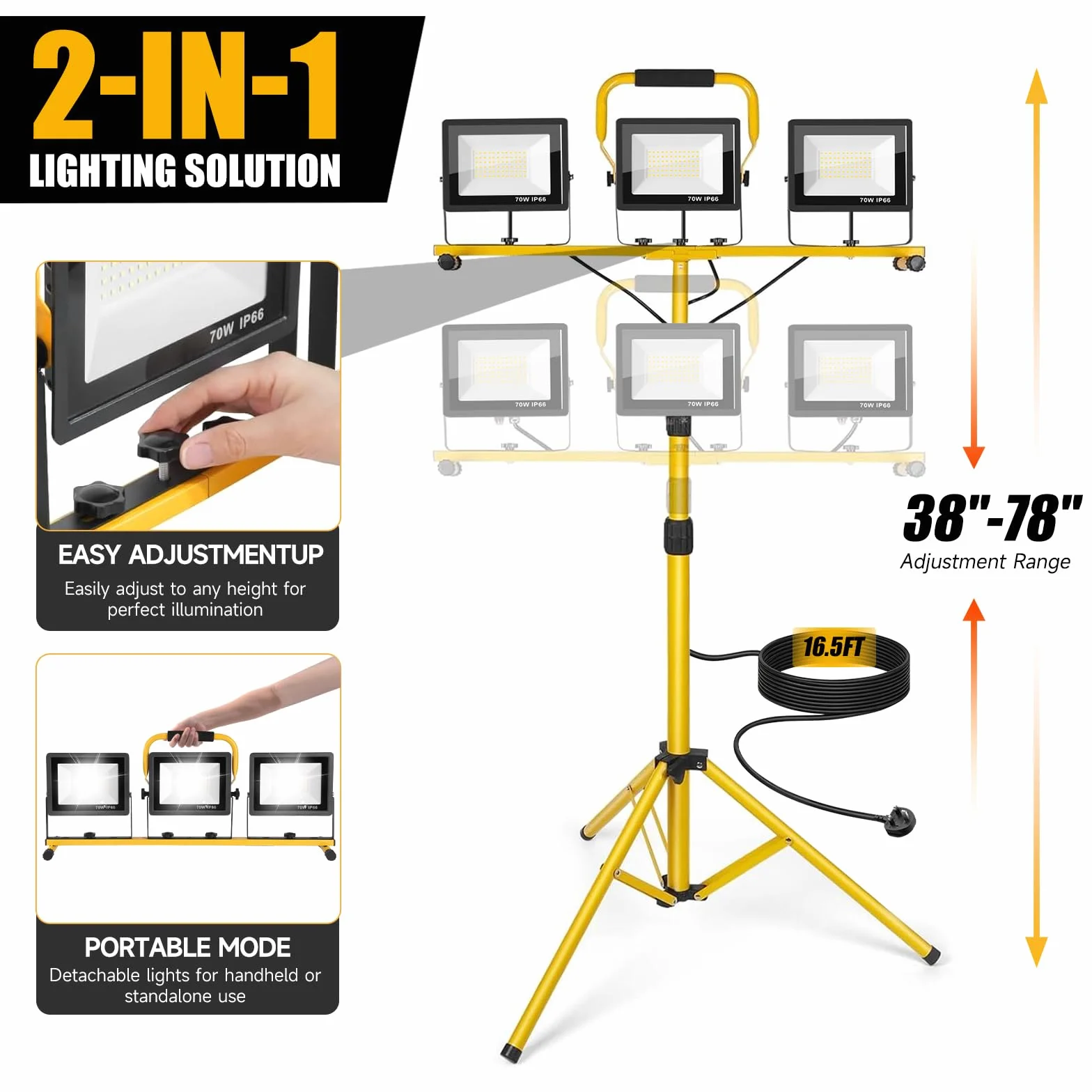 210W Foco led Trabajo con Trípode, 21000LM 6500K Lámpara de Trabajo con Cable de 5m Interruptor Individual, IP66 Lámpara Impermeable para Obras/Talleres/Garajes Altura Ajustable 200cm