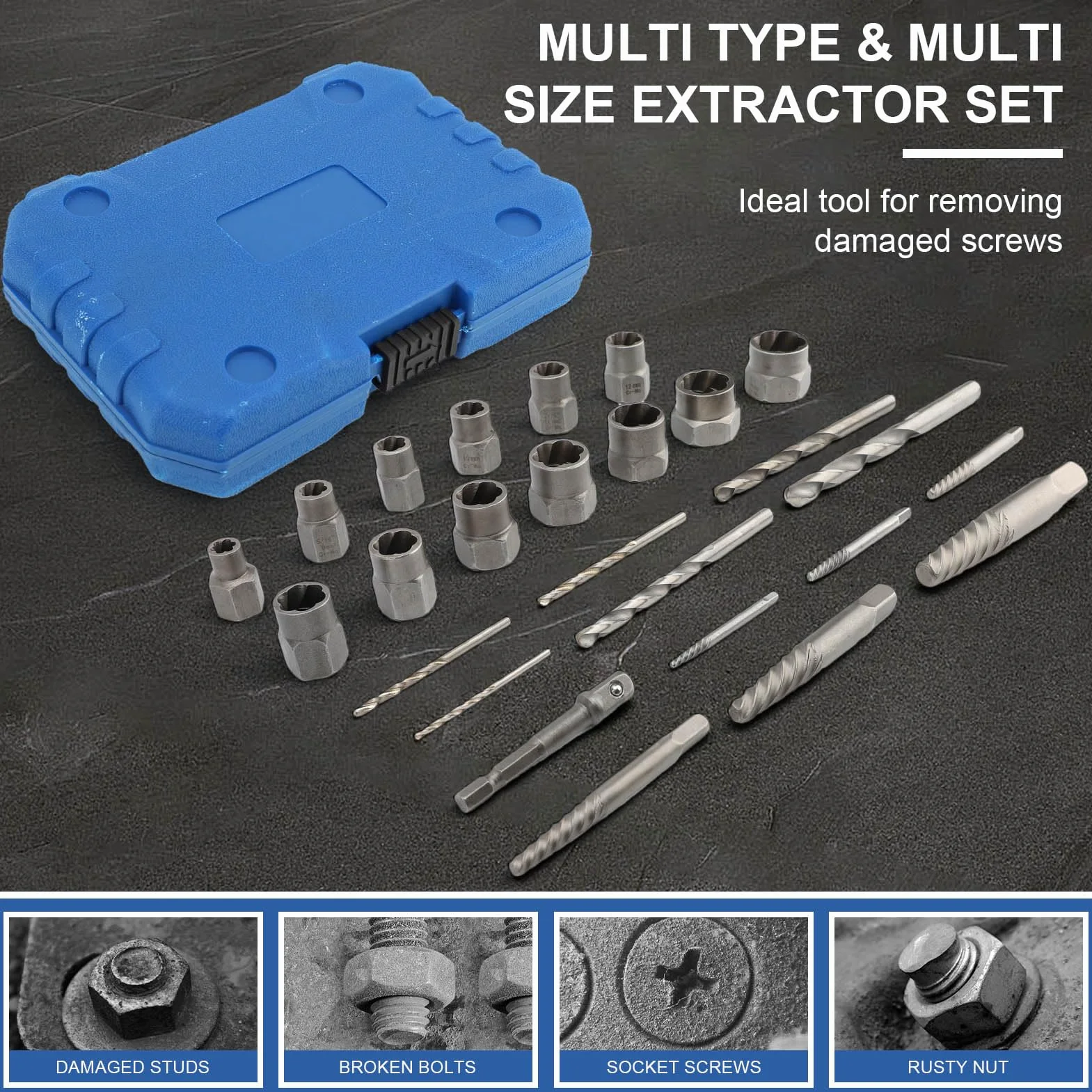 Juego de Extractores de Tornillos Rotos 26 pcs,3/8"-1/4" Inserto Adapter | Roscados Alta Dureza,Extractor de Pernos Rotos Multifuncional para Eliminar Pernos, Tuercas