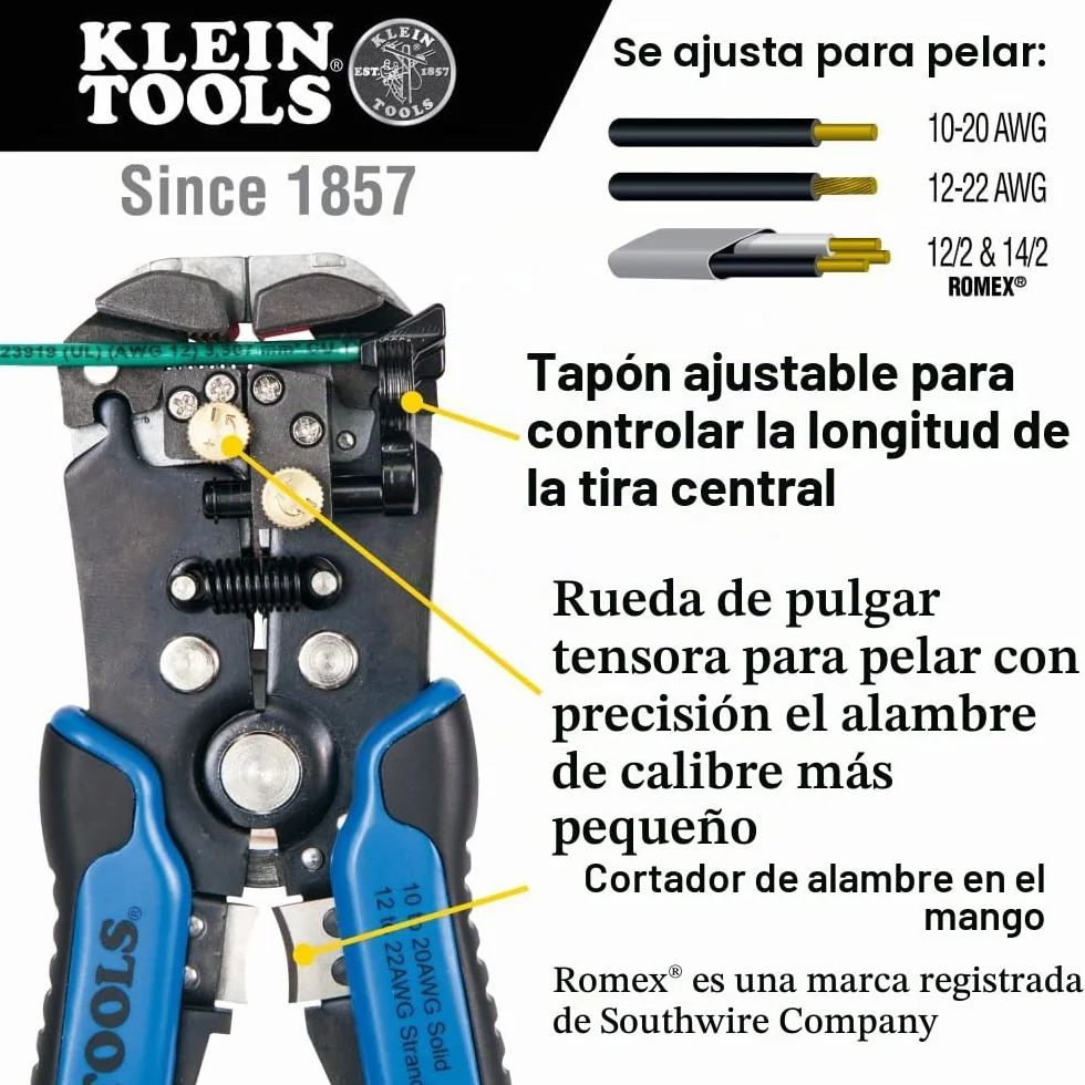 Klein Tools 11061 | Pelacables autoajustable 0,2–1 mm² | Cabeza autoajustable | Tope regulable | Rueda de tensión | Cortador integrado | 21 cm