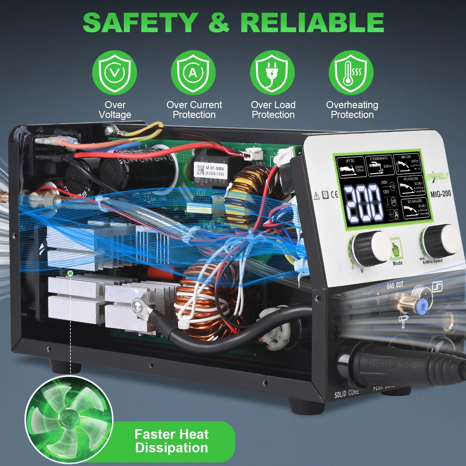 Soldadora 200A 240V – 5 en 1 Multifunción: MIG con Gas, MIG sin Gas, MMA, Lift TIG, Compatible con Pistola de Bobina para Aluminio, Modo Sinérgico, Inverter IGBT y Pantalla LED