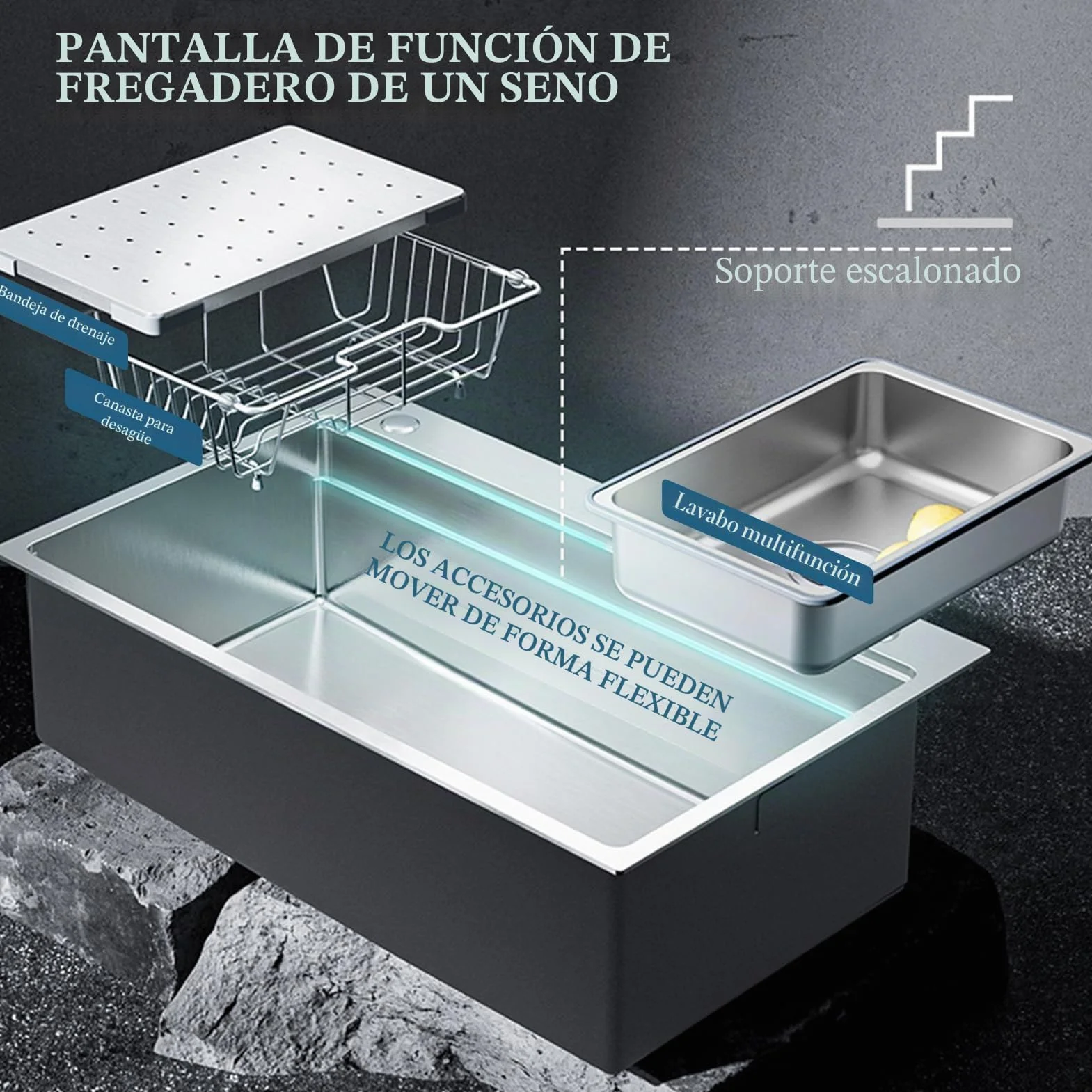 Fregadero de cocina multifunción de 65 x 50 cm, de acero inoxidable 304, hecho a mano, fregadero de cocina grande de una bañera, instalación a ras o sobre encimera con bañera extraíble